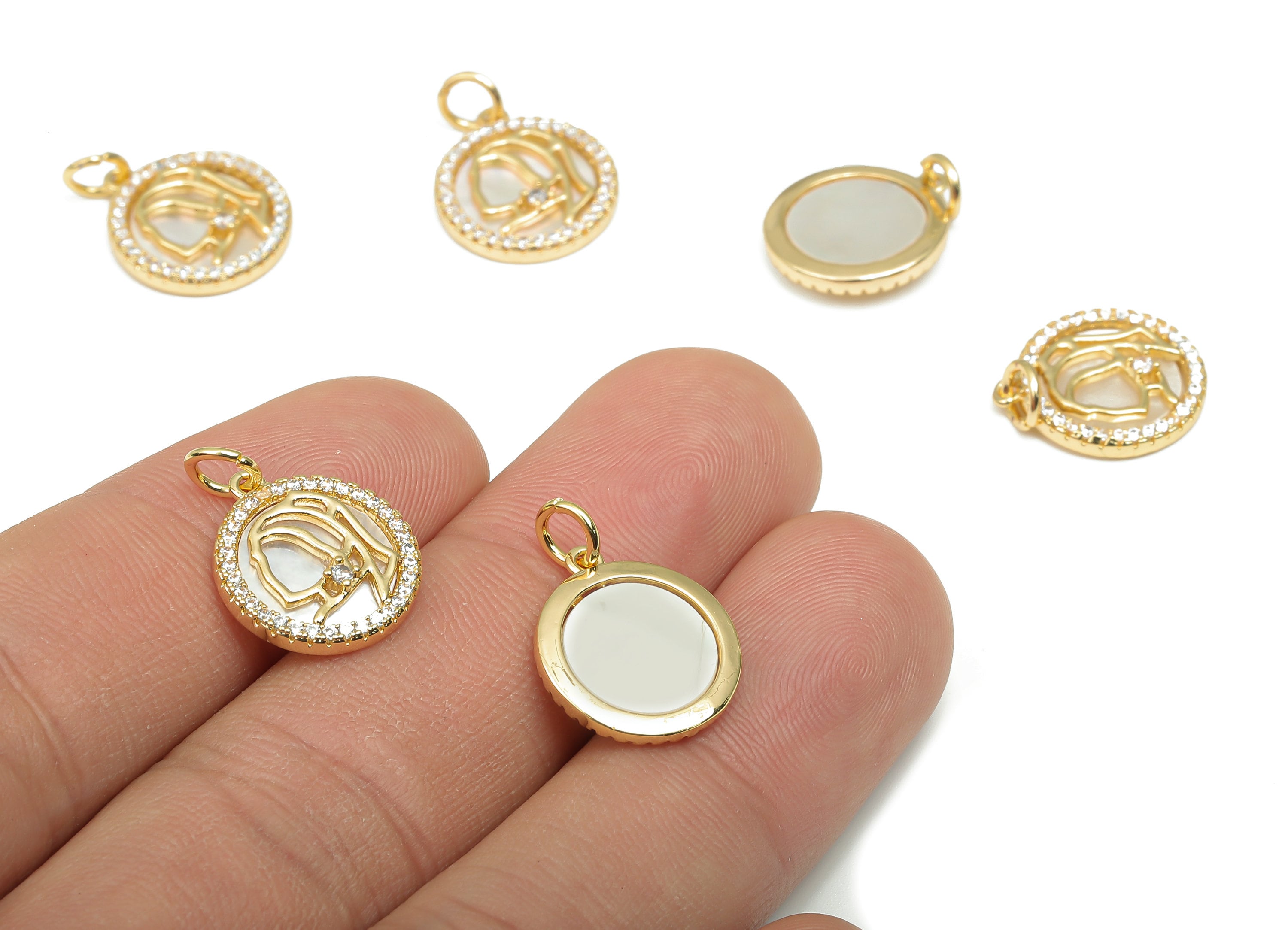 Brass Round Pendant - CZ Paved MOP Shell Circle Charm WIth Zircon - 18K Real Gold Plated Brass - For Necklace - 18.68x13.53x1.94mm - RGP4591 - DOMEDBAZAAR