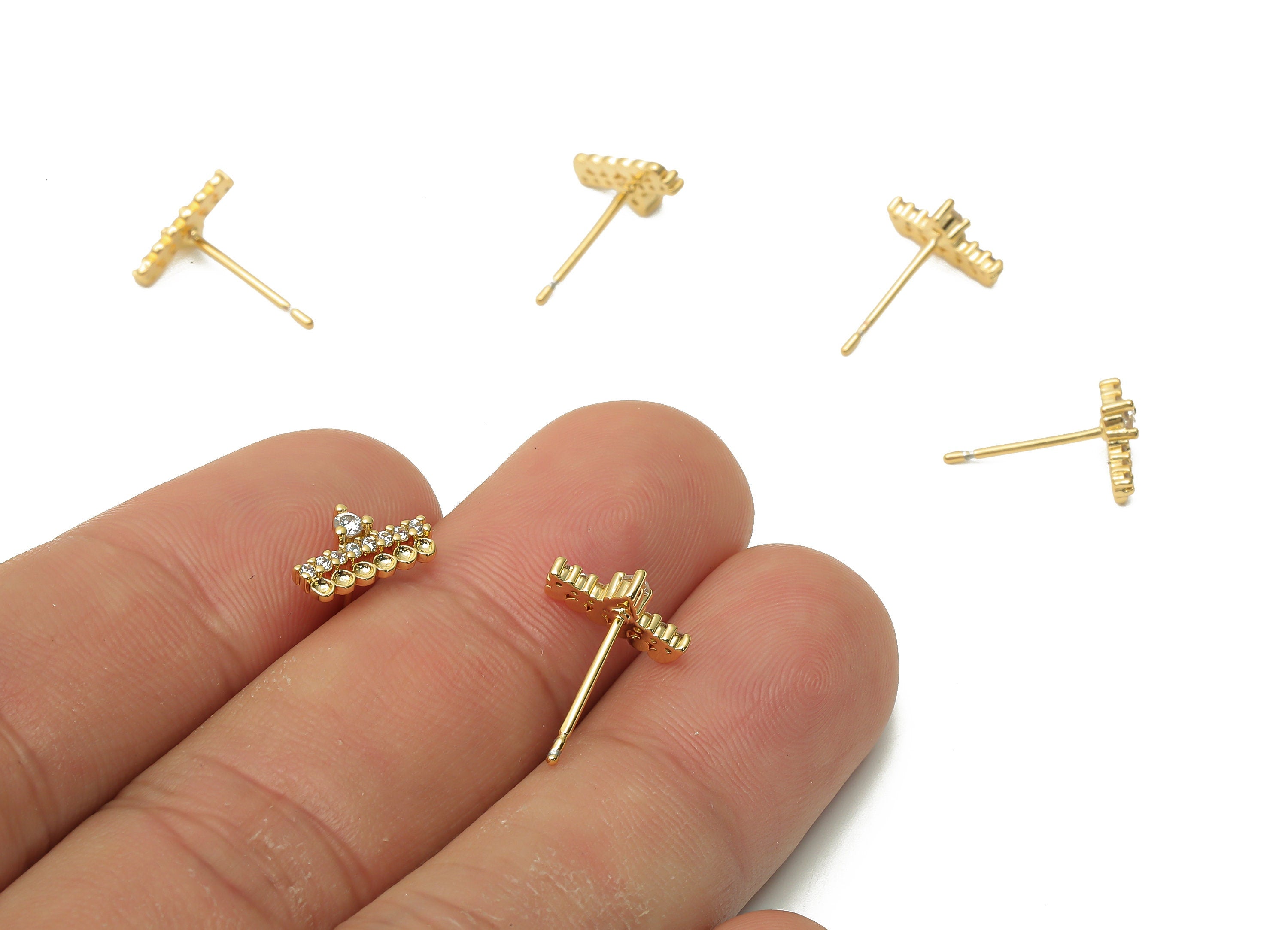 Brass Earring Stud With Zircon - Gold plated Stud - Earring Post - 925 Silver Needle - 18K Real Gold Plated - 10.38x5.87x1.46mm - RGP4980 - DOMEDBAZAAR