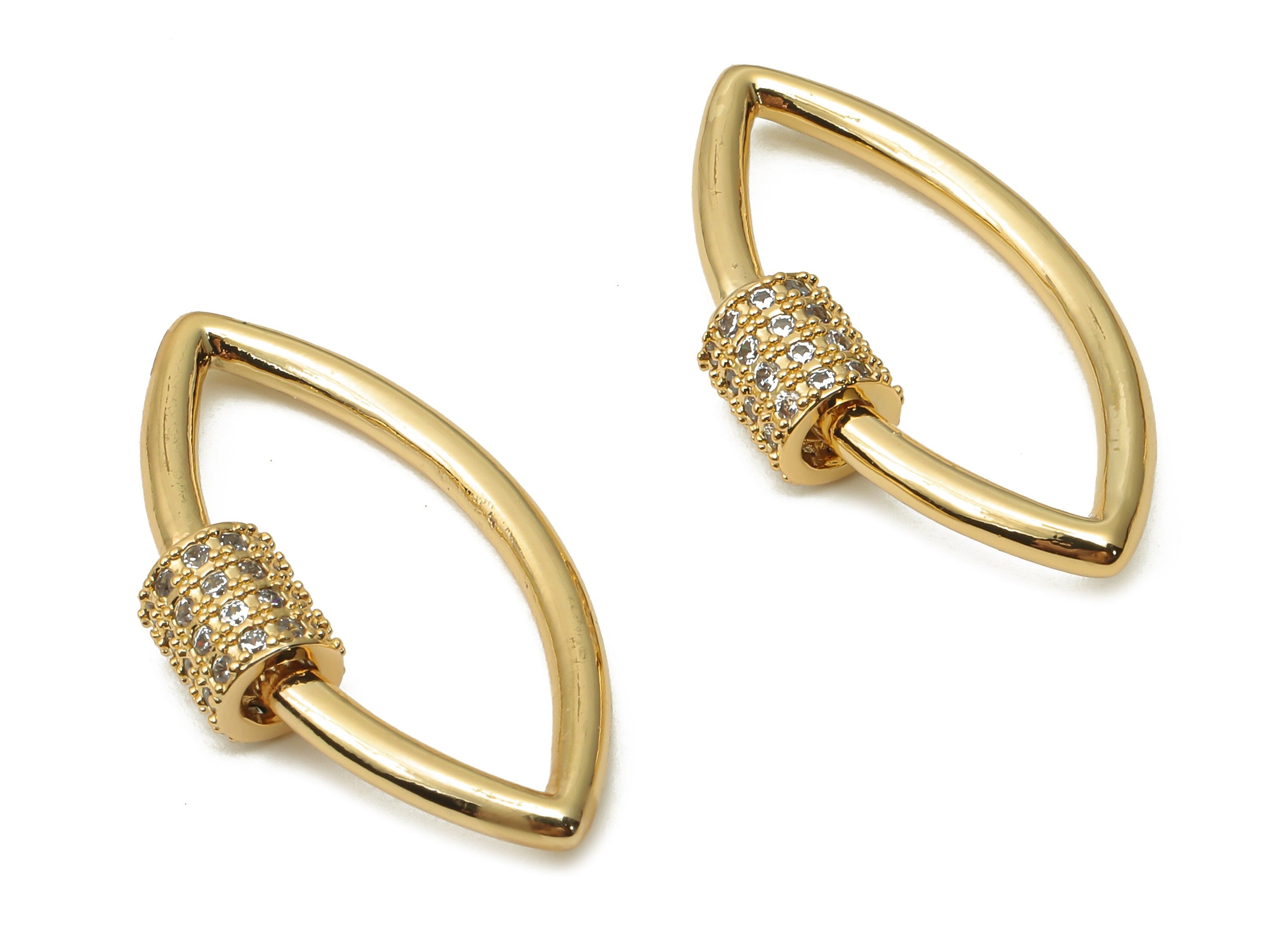 Brass Marquies Screw Clasp Earrings with Zircon - Brass Turnbuckle Lock - Eye Carabiner - 18K Real Gold Plated - 29.64x15.55x2.09mm -RGP4982 - DOMEDBAZAAR