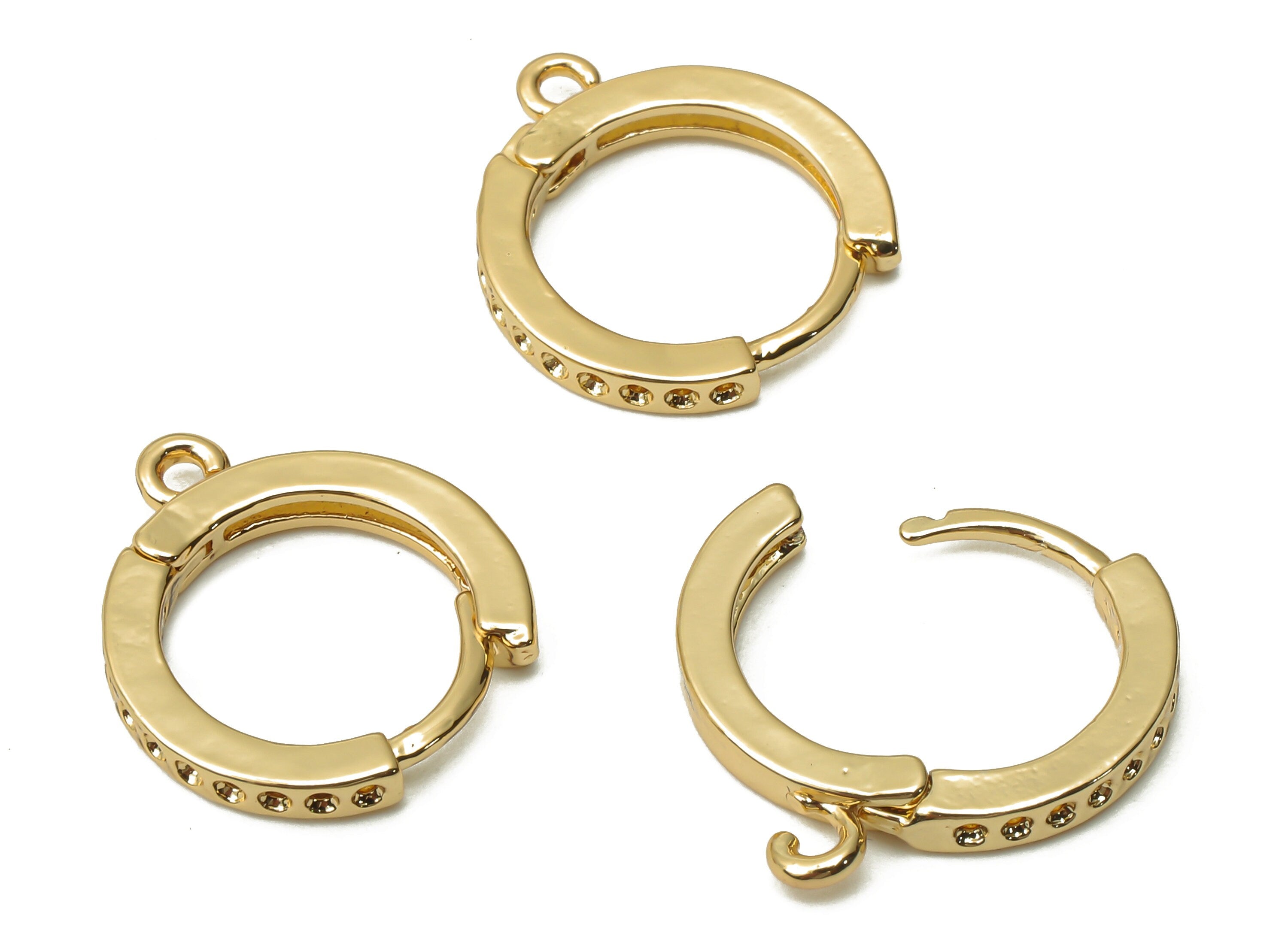 Brass Round Dot Earrings Clasps - Brass Huggie Hoop With Loop - Brass Circle Earrings - 18K Real Gold Plated - 16.12x13.82x2.01mm - RGP4983 - DOMEDBAZAAR