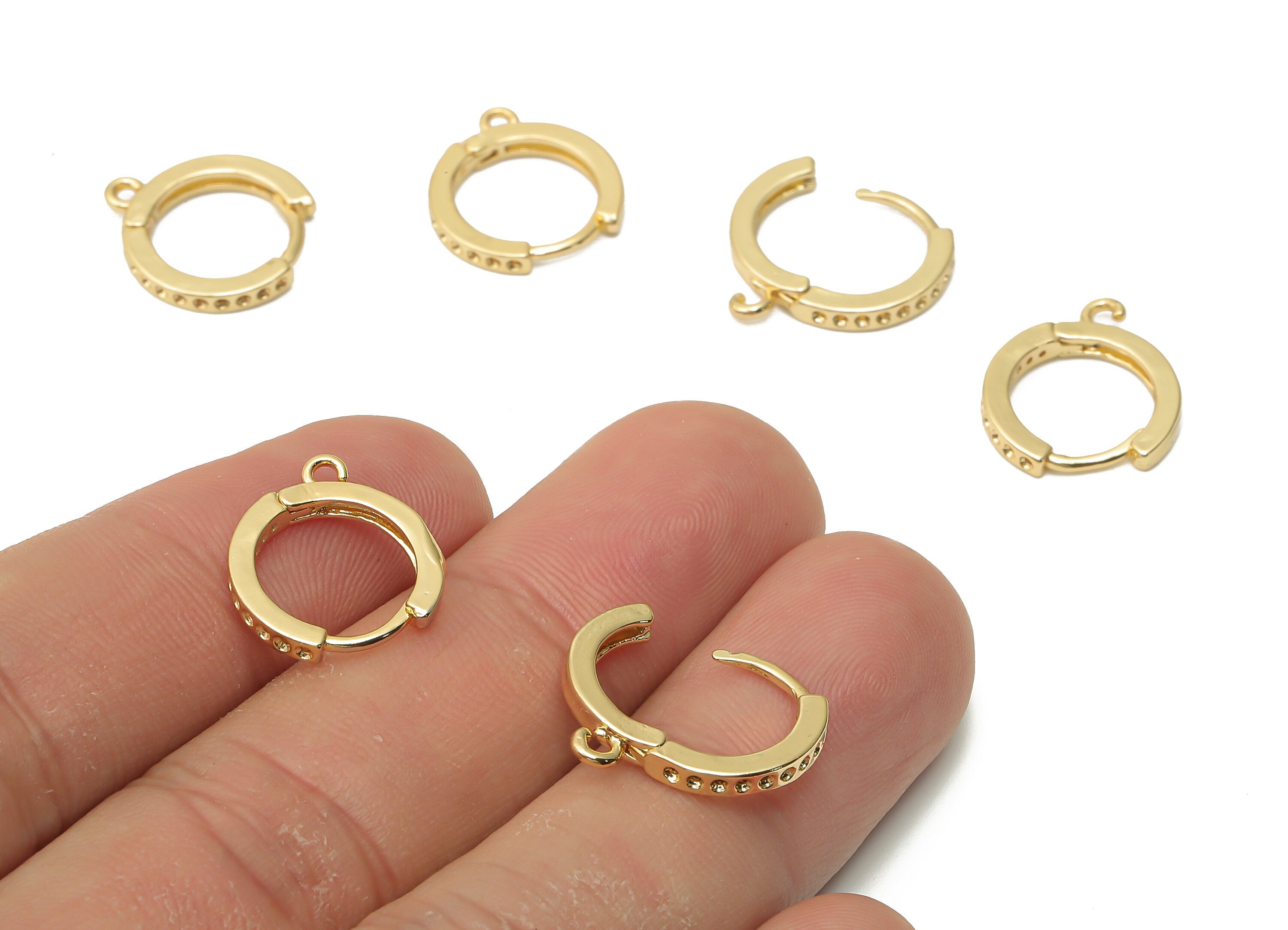 Brass Round Dot Earrings Clasps - Brass Huggie Hoop With Loop - Brass Circle Earrings - 18K Real Gold Plated - 16.12x13.82x2.01mm - RGP4983 - DOMEDBAZAAR