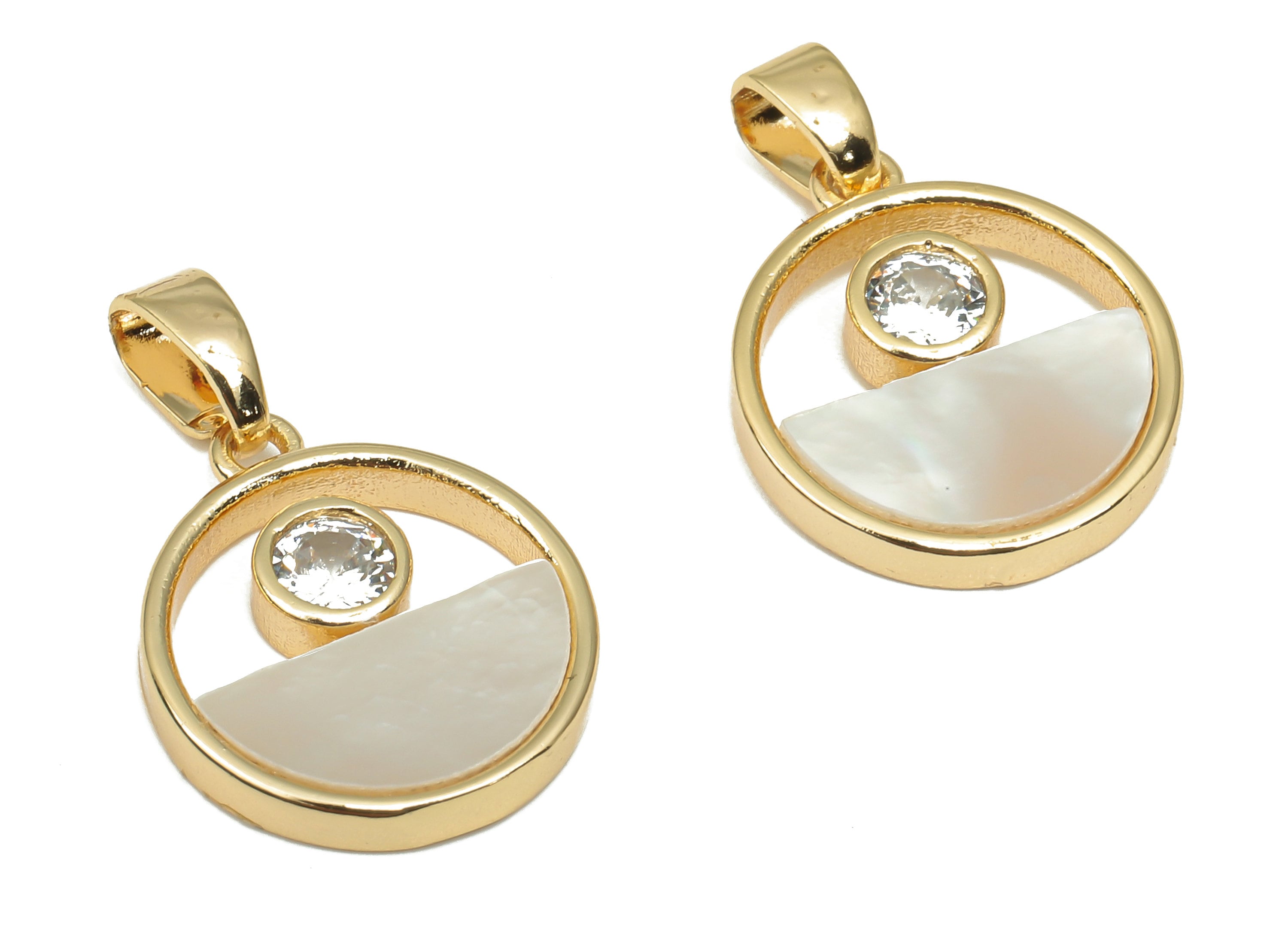Brass Round Pendant - CZ Paved MOP Shell Circle Zircon Charm - 18K Real Gold Plating - Mother of Pearl For Necklace -19.3x12.6x2.2mm-RGP4598 - DOMEDBAZAAR
