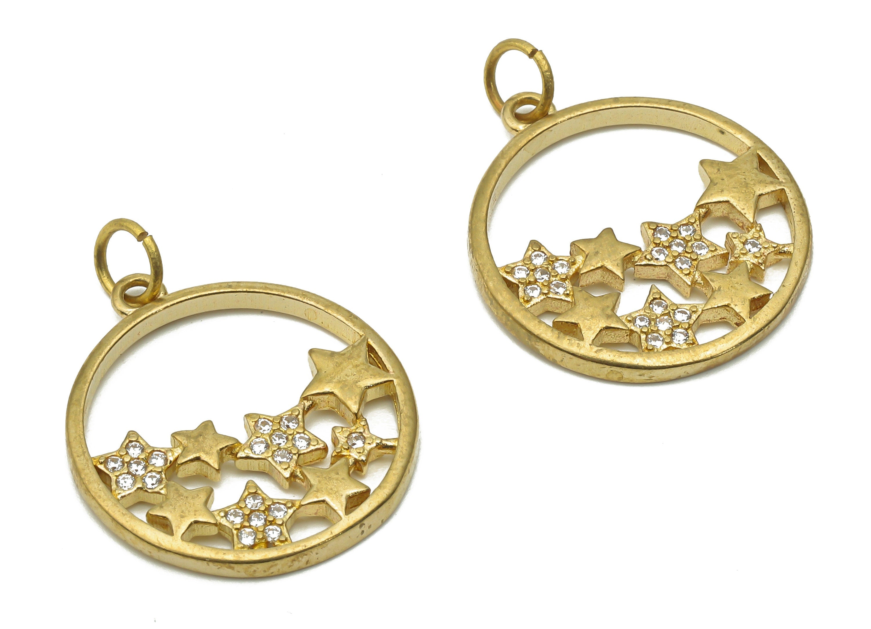 Brass Circle Earrings with Zircons - Raw Brass Star Hoop Pendant - Brass Circle Star Necklace - 20.85x18.5x2.03mm - PP7632 - DOMEDBAZAAR