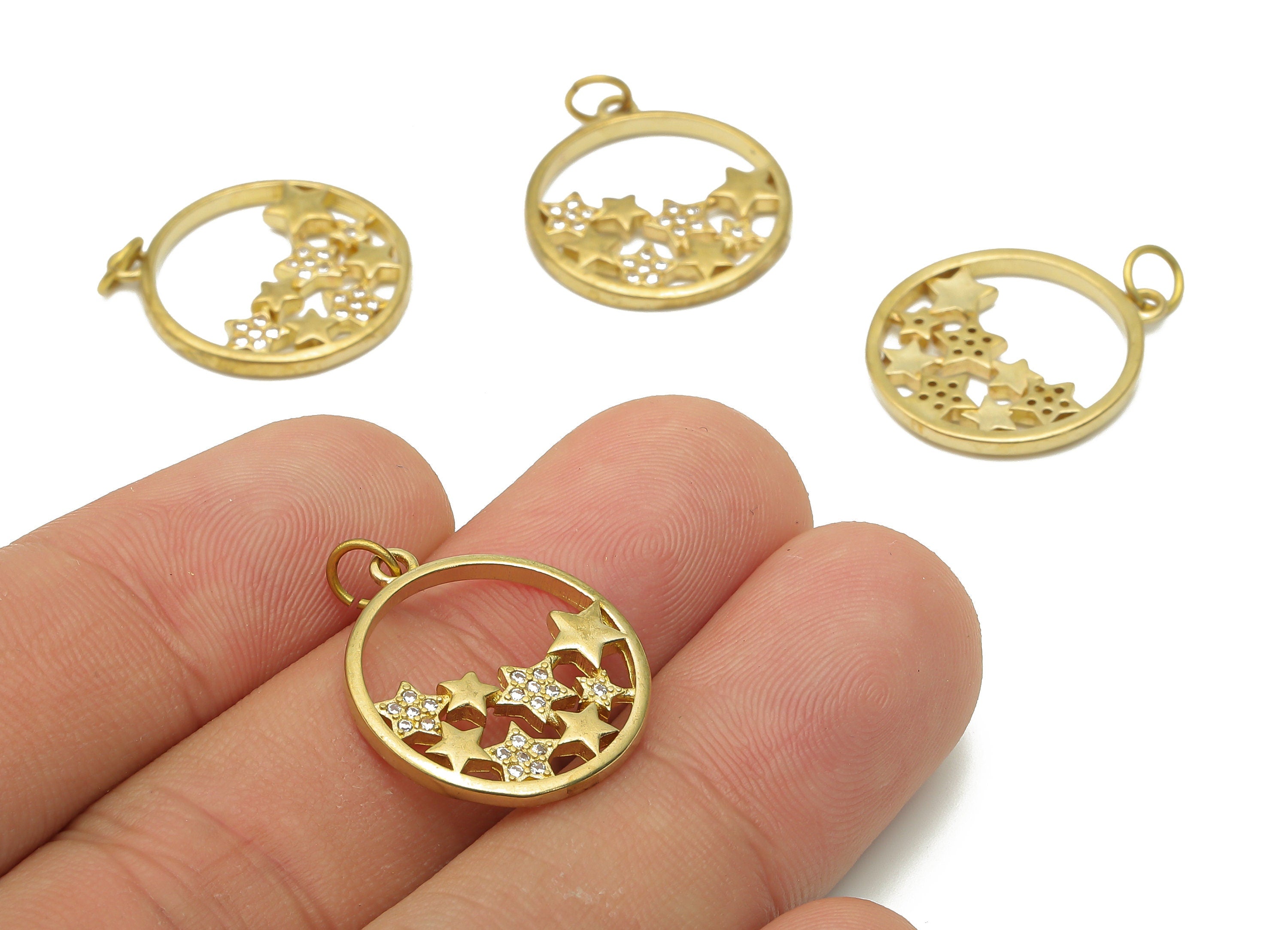 Brass Circle Earrings with Zircons - Raw Brass Star Hoop Pendant - Brass Circle Star Necklace - 20.85x18.5x2.03mm - PP7632 - DOMEDBAZAAR