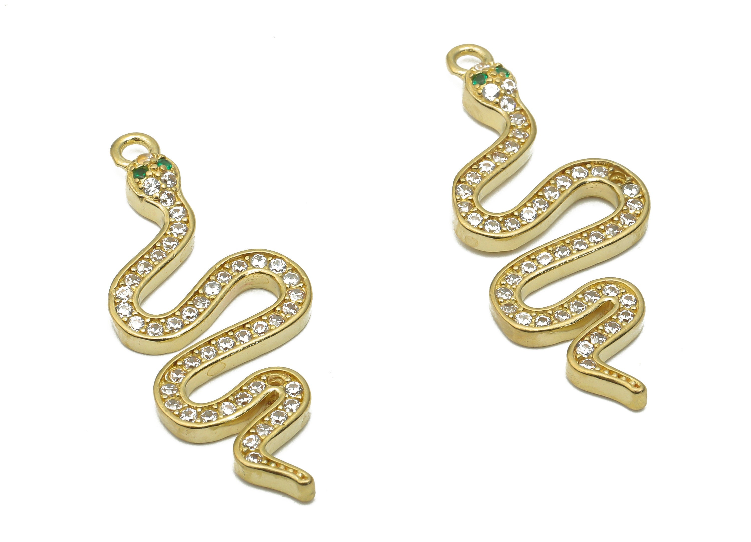 Brass Snake Earring with Zircons - Raw Brass Snake Necklace - Brass Snake Pendant - Brass Snake Necklace - 34.2x14.23x1.95mm - PP7651 - DOMEDBAZAAR