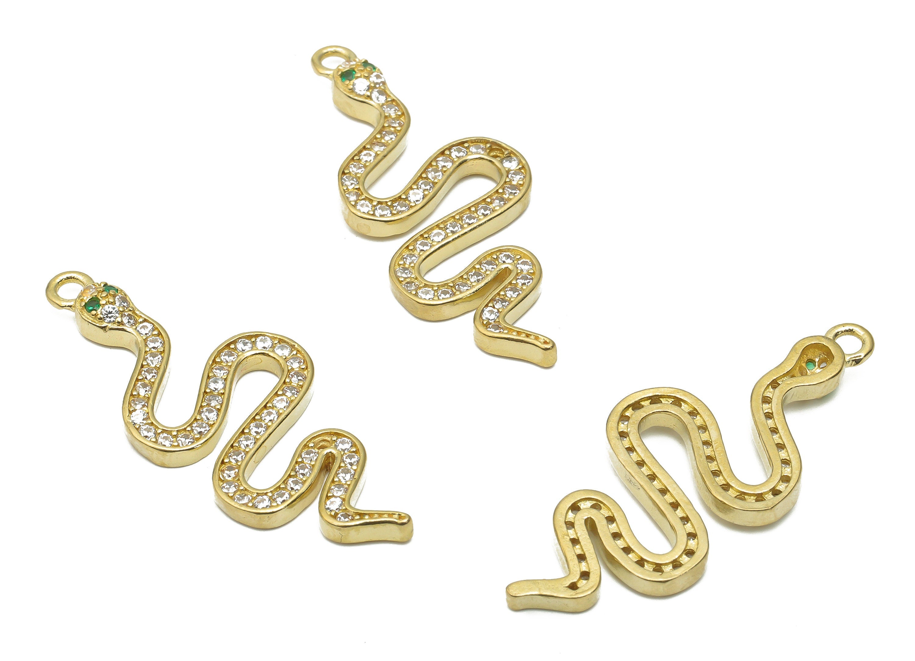 Brass Snake Earring with Zircons - Raw Brass Snake Necklace - Brass Snake Pendant - Brass Snake Necklace - 34.2x14.23x1.95mm - PP7651 - DOMEDBAZAAR