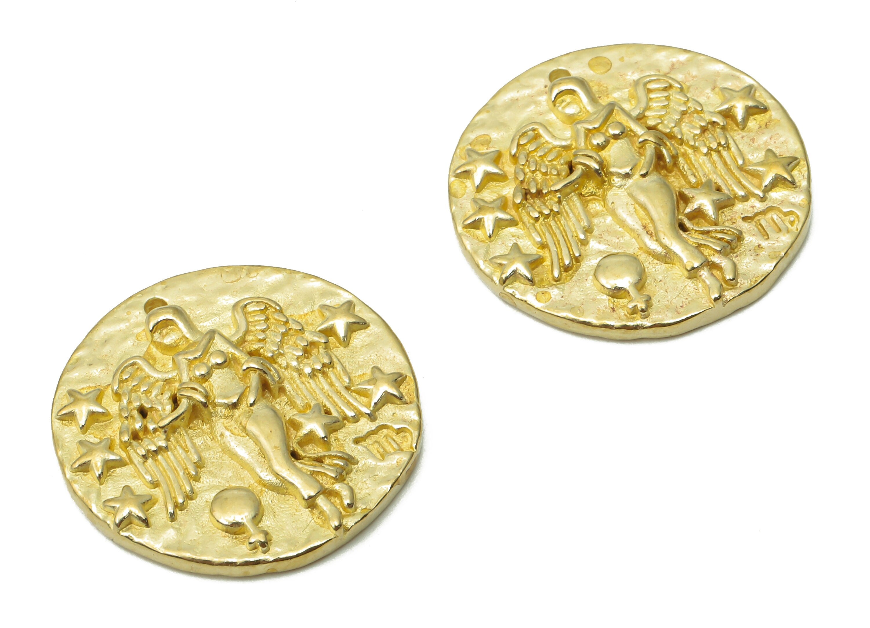 Virgo Round Charm - Raw Brass Horoscope Charms - Brass Female Pendant - Women with Wings - Zodiac Necklace Pendant -19.4x19.4x3.0mm -PP7751K - DOMEDBAZAAR
