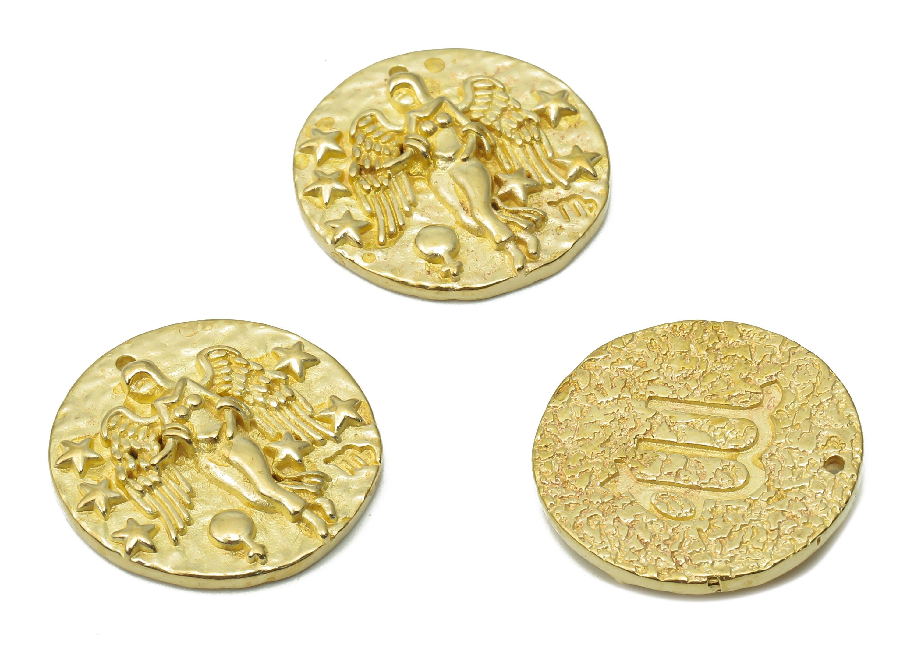 Virgo Round Charm - Raw Brass Horoscope Charms - Brass Female Pendant - Women with Wings - Zodiac Necklace Pendant -19.4x19.4x3.0mm -PP7751K - DOMEDBAZAAR