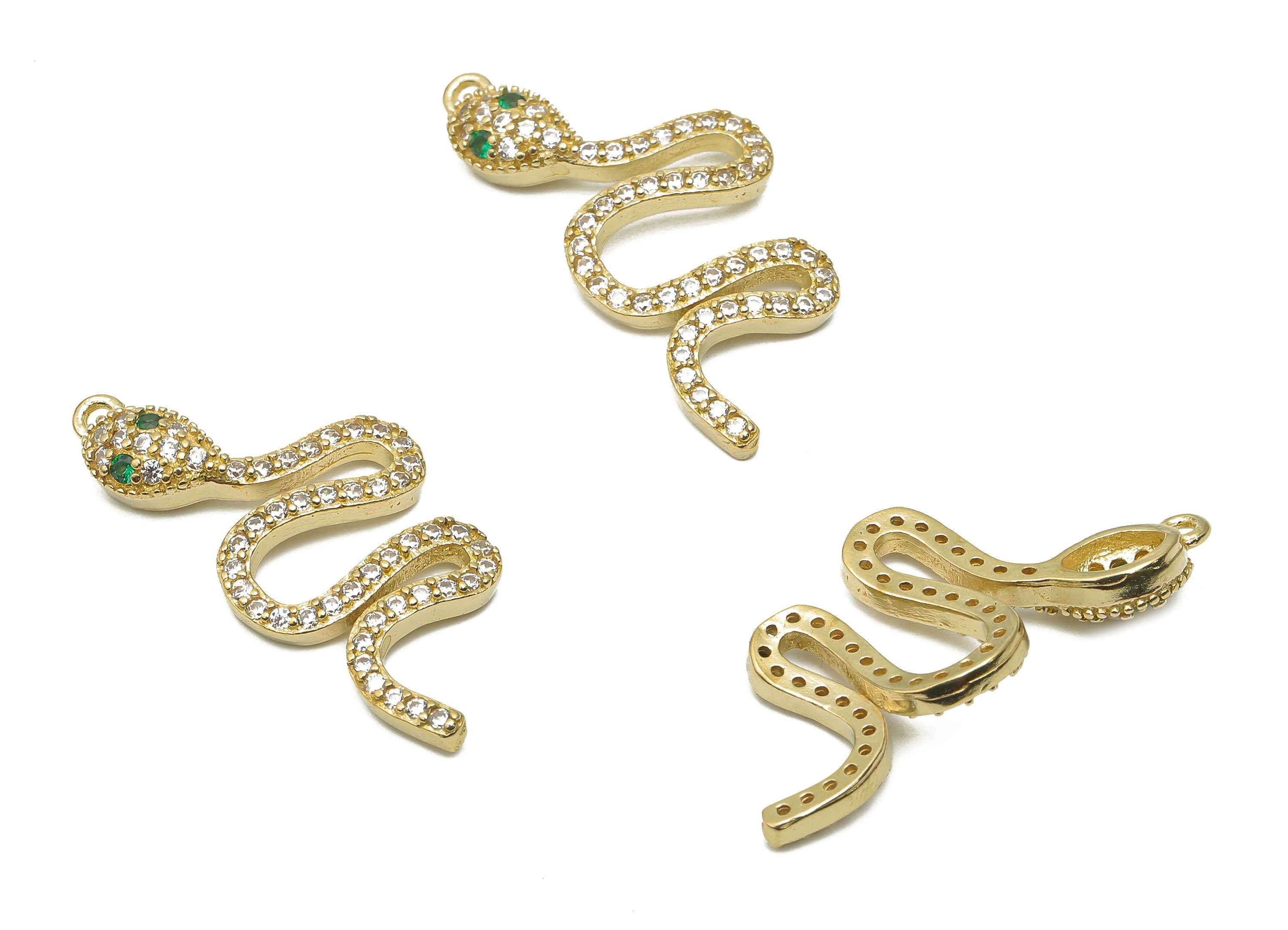Brass Snake Earring with Zircons - Raw Brass Green Eye Snake Charm - Brass Snake Pendant - 30.88x14.8x3.82mm - PP7658 - DOMEDBAZAAR