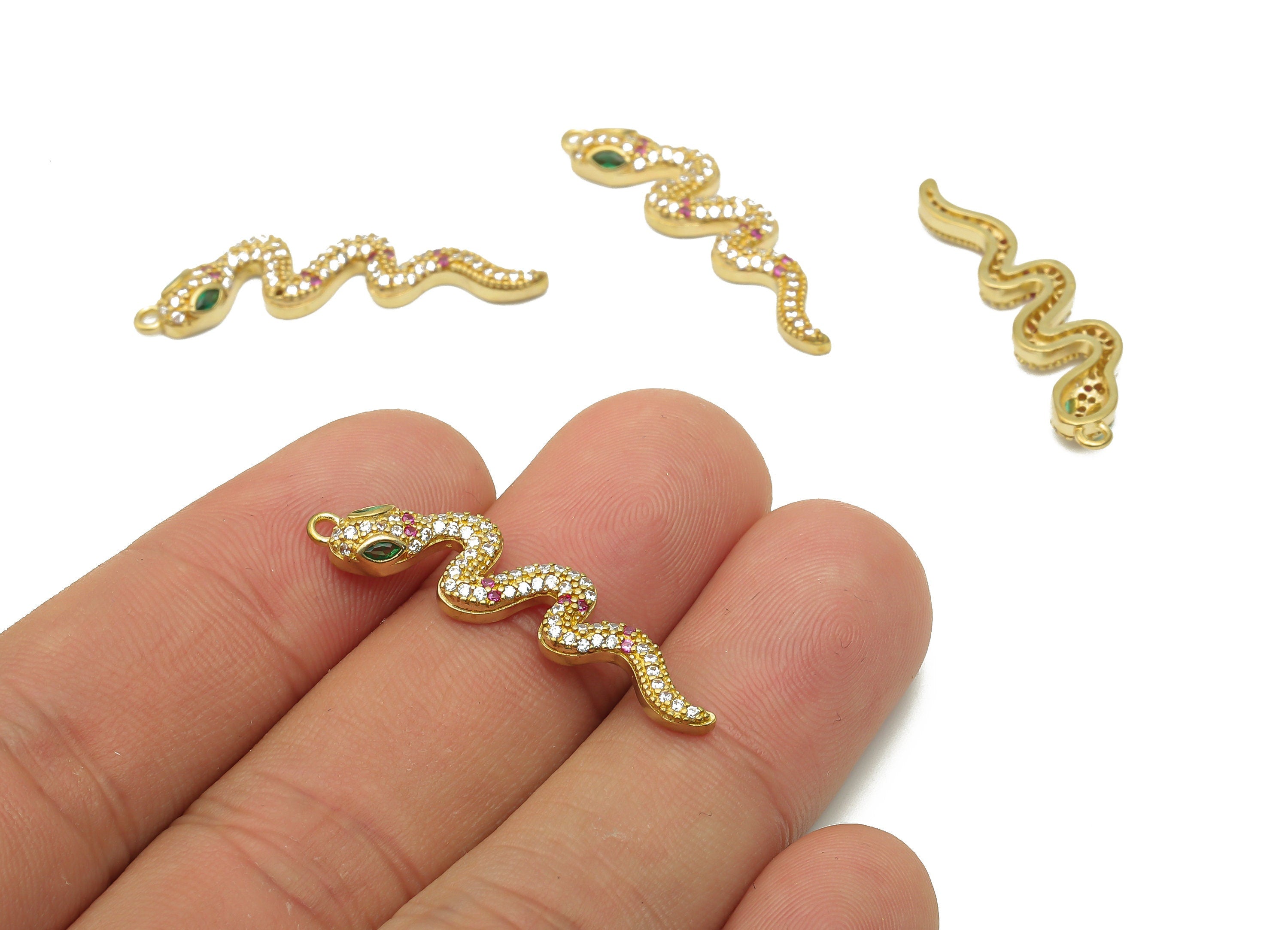 Brass Snake Earring with Zircons - Raw Brass Green Eye Snake Charm - Raw Brass Snake Pendant - 33.34x8.27x3.16mm - PP7661 - DOMEDBAZAAR