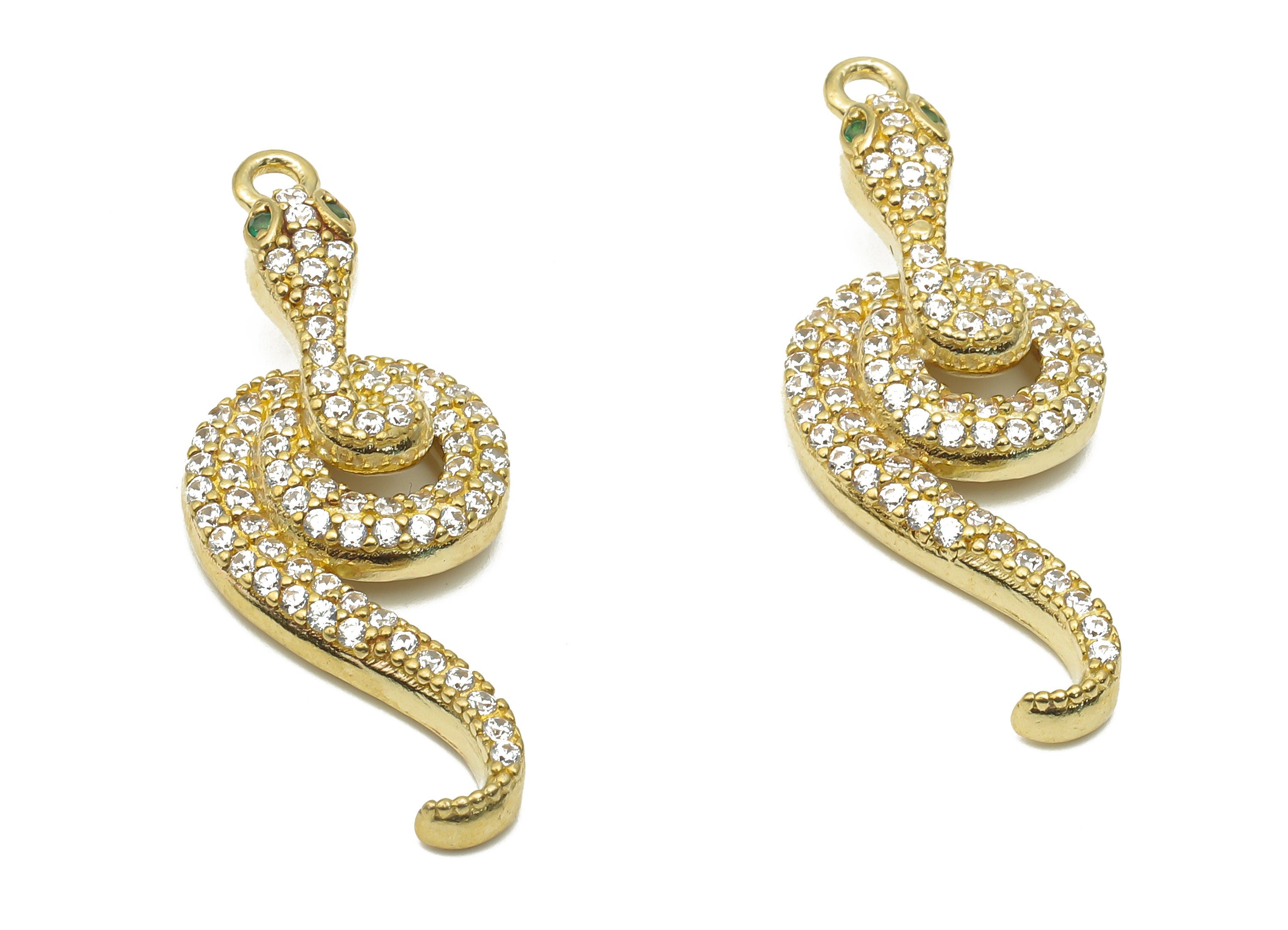 Brass Snake Earrings with Zircons - Raw Brass Green Eye Snake Charm - Raw Brass Snake Necklace -   33.67x13.03x3.13mm - PP7667 - DOMEDBAZAAR