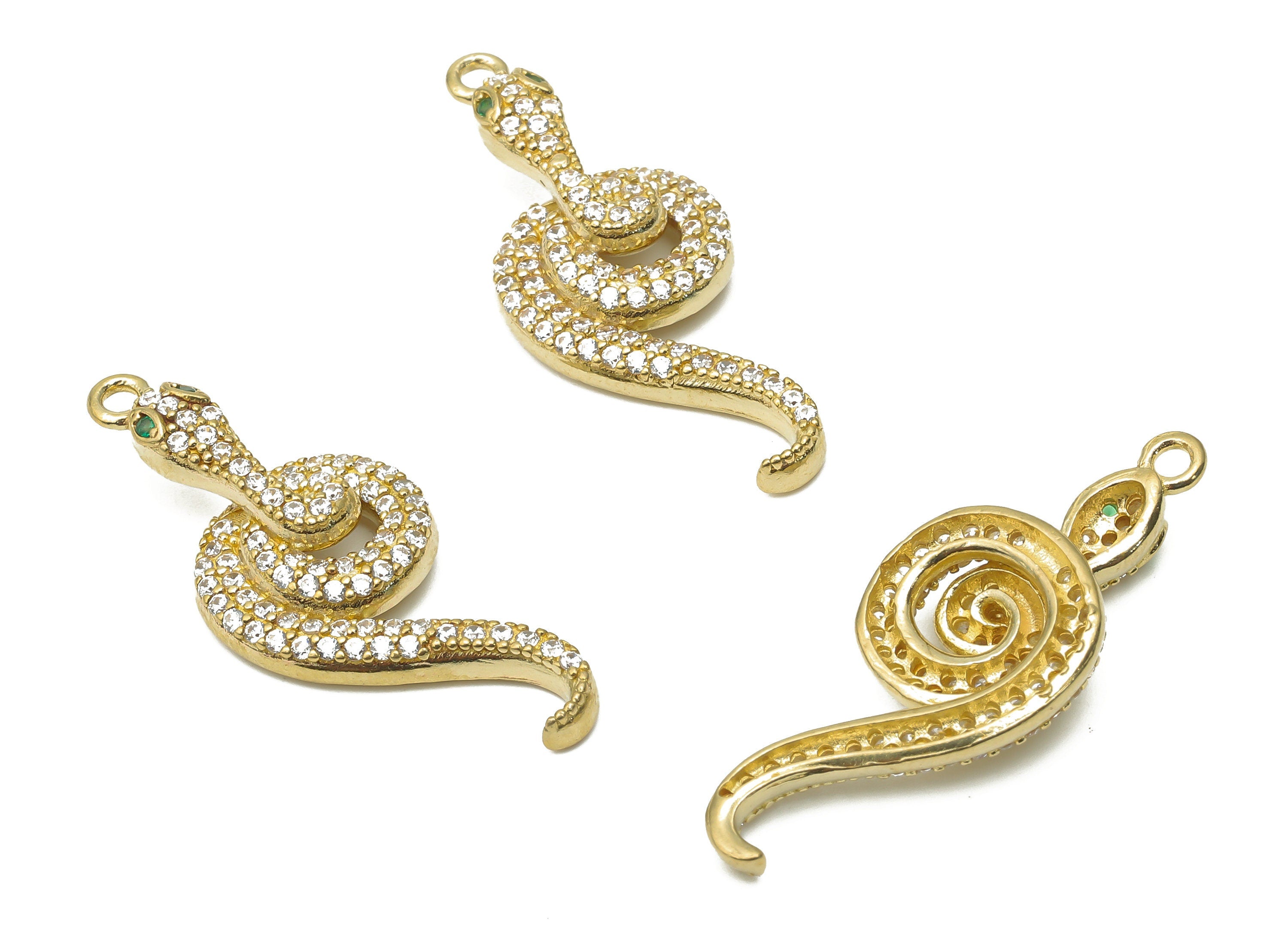 Brass Snake Earrings with Zircons - Raw Brass Green Eye Snake Charm - Raw Brass Snake Necklace -   33.67x13.03x3.13mm - PP7667 - DOMEDBAZAAR