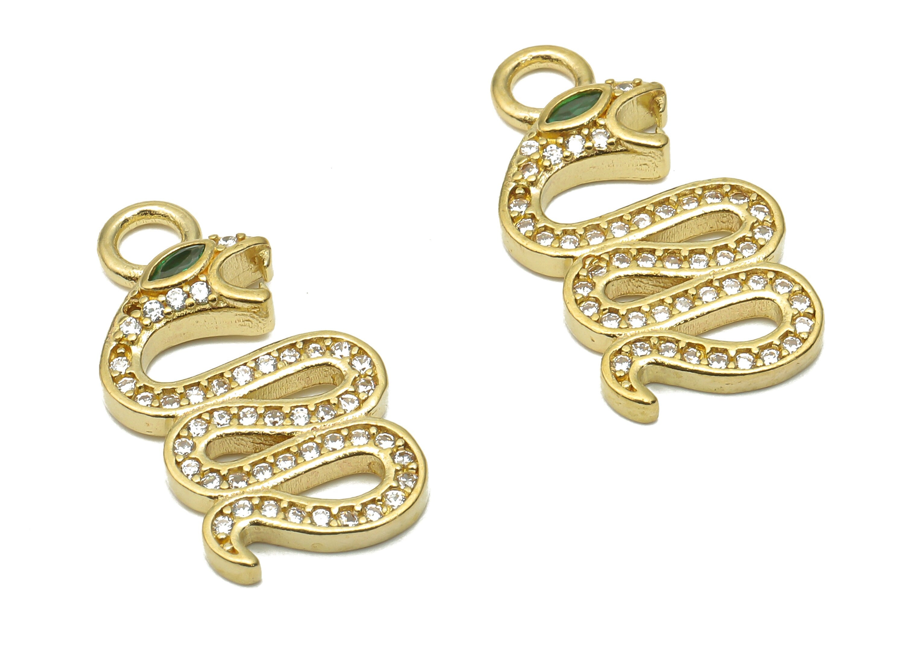 Brass Snake Earrings with Zircons - Raw Brass Snake Necklace - Green Eye Snake Charm - Brass Pendant -21.78x11.16x2.82mm - PP7671 - DOMEDBAZAAR