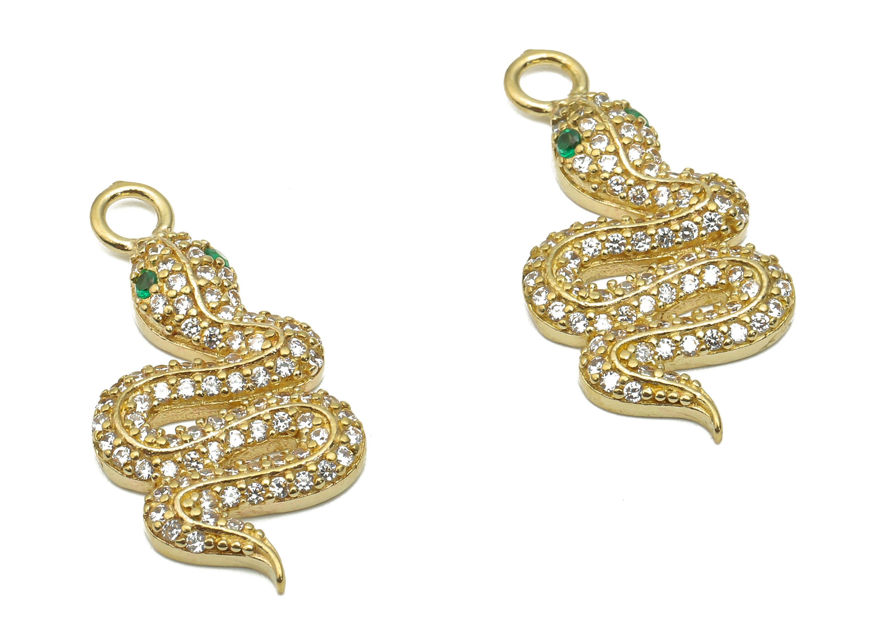 Brass Snake Earrings with Zircons - Raw Brass Green Eye Snake Pendant - Raw Brass Snake Necklace - 25.4x12.34x3.02mm - PP7672 - DOMEDBAZAAR