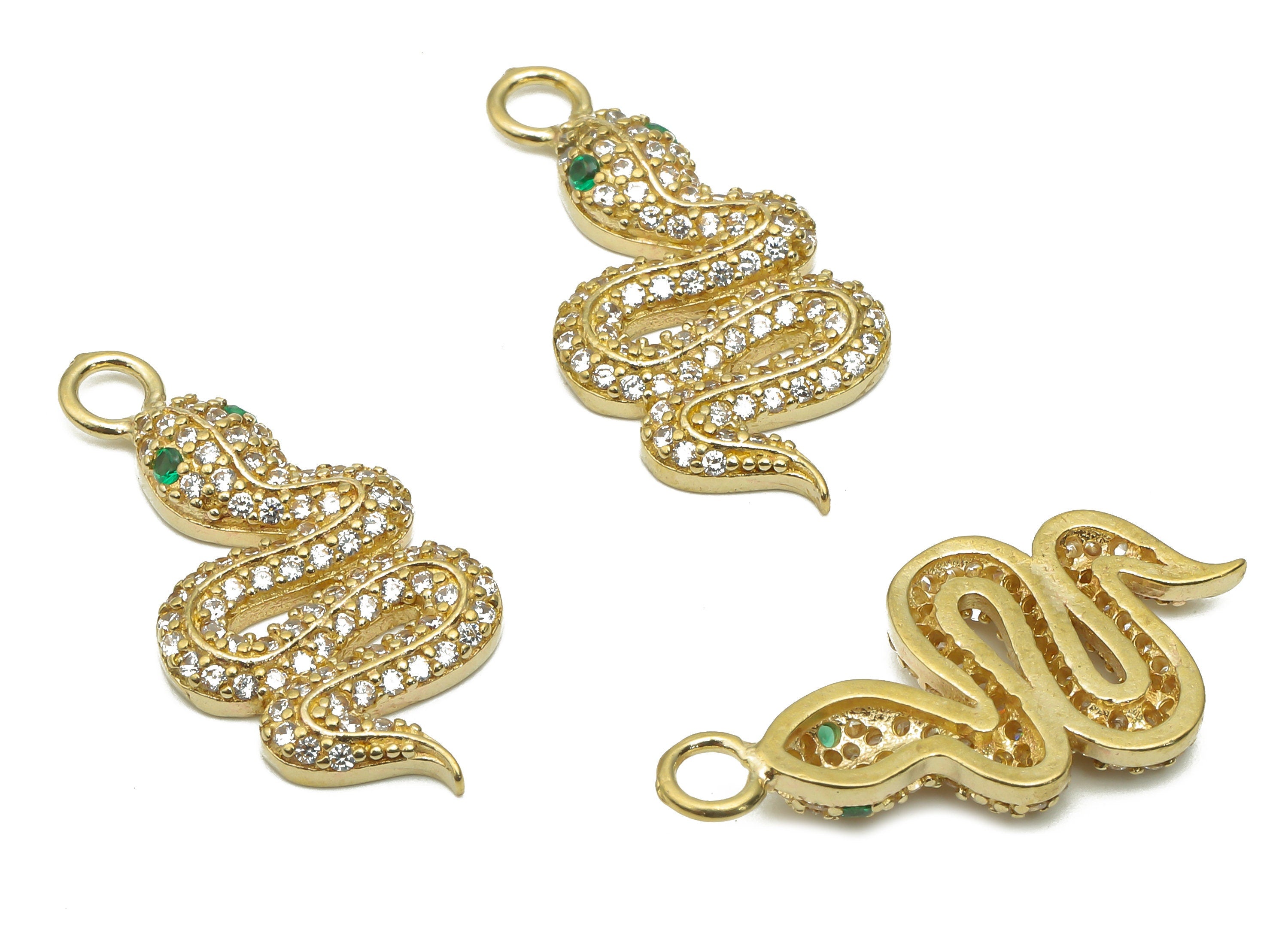 Brass Snake Earrings with Zircons - Raw Brass Green Eye Snake Pendant - Raw Brass Snake Necklace - 25.4x12.34x3.02mm - PP7672 - DOMEDBAZAAR