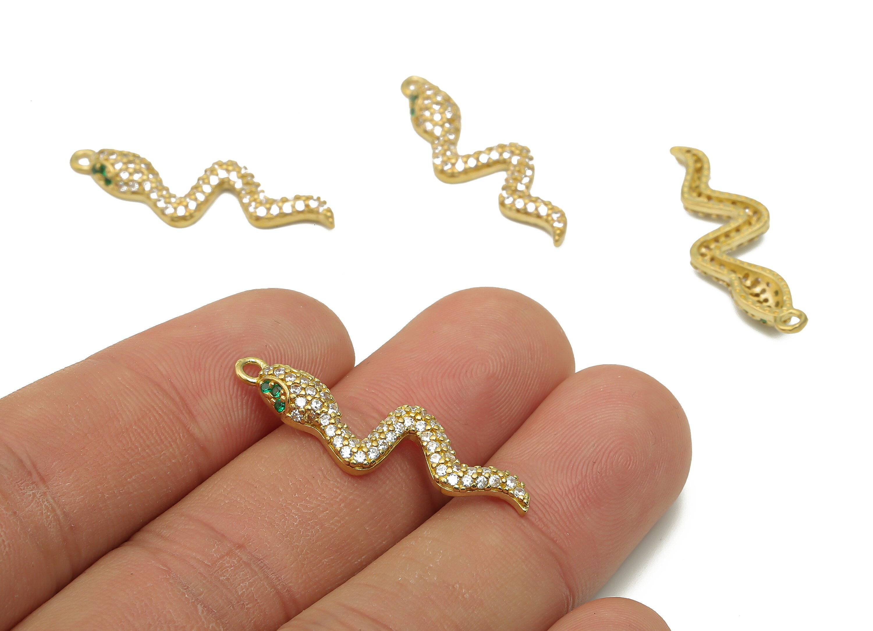 Brass Snake Earrings with Zircons - Raw Brass Young Snake Pendant - Green Eye Snake Necklace - Brass pendant - 31.82x9.74x3.48mm - PP7674 - DOMEDBAZAAR
