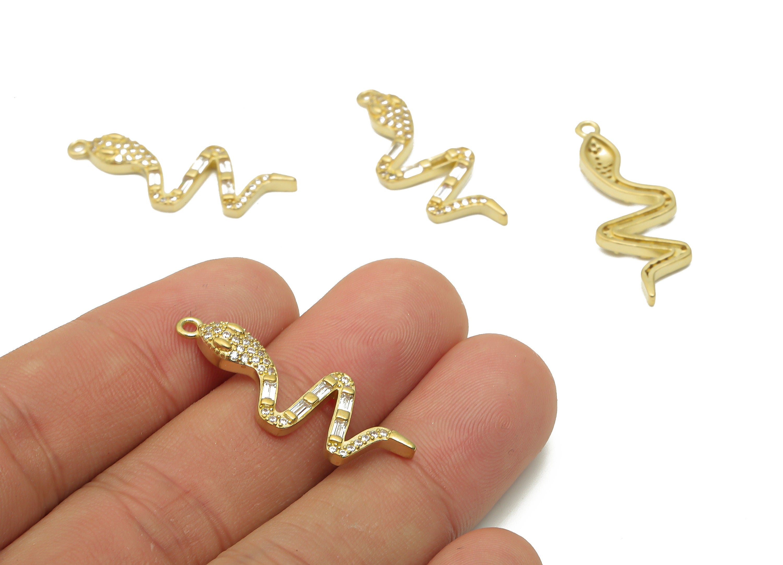 Brass Young Snake Earing with Zircons - Raw Brass Snake Necklace - Brass Snake Pendant - Brass Snake Necklace - 32.16x12.14x3.27mm - PP7675 - DOMEDBAZAAR