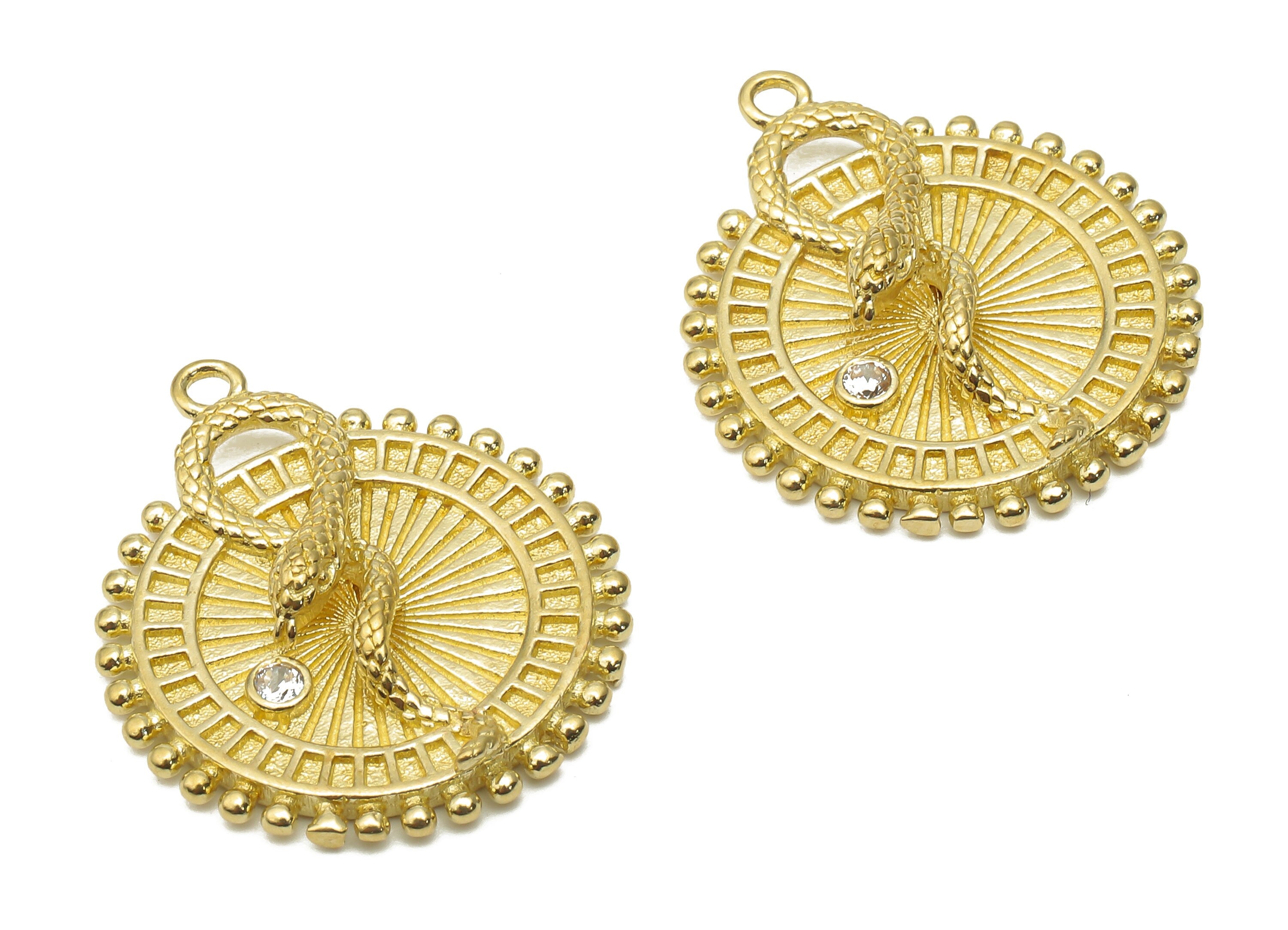 Brass Round Snake On Disc Earring with Zircons - Raw Brass Snake Tongue - Brass Round Sun Pendants - 25.23x21.86x4.72mm - PP7678 - DOMEDBAZAAR