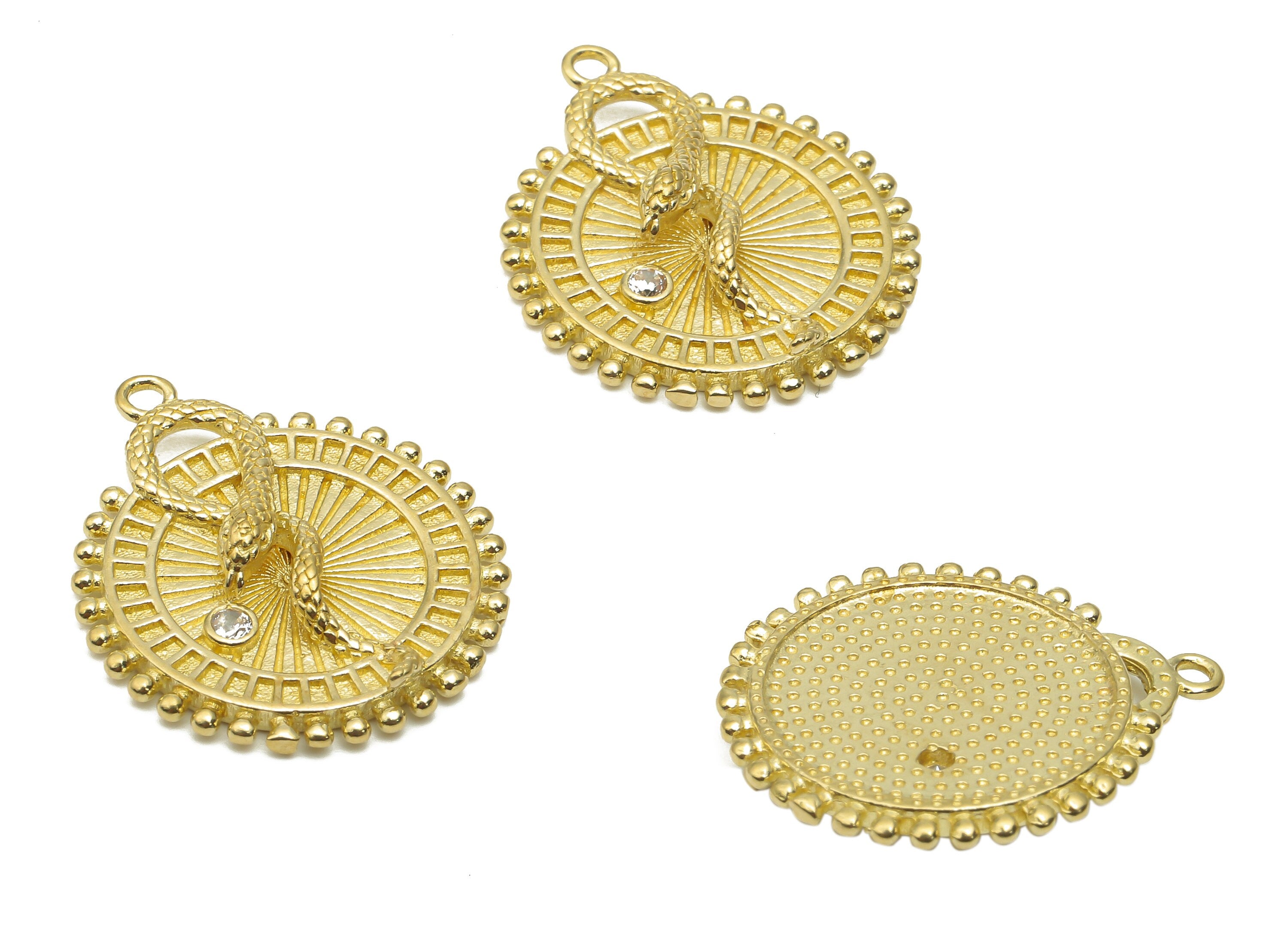 Brass Round Snake On Disc Earring with Zircons - Raw Brass Snake Tongue - Brass Round Sun Pendants - 25.23x21.86x4.72mm - PP7678 - DOMEDBAZAAR