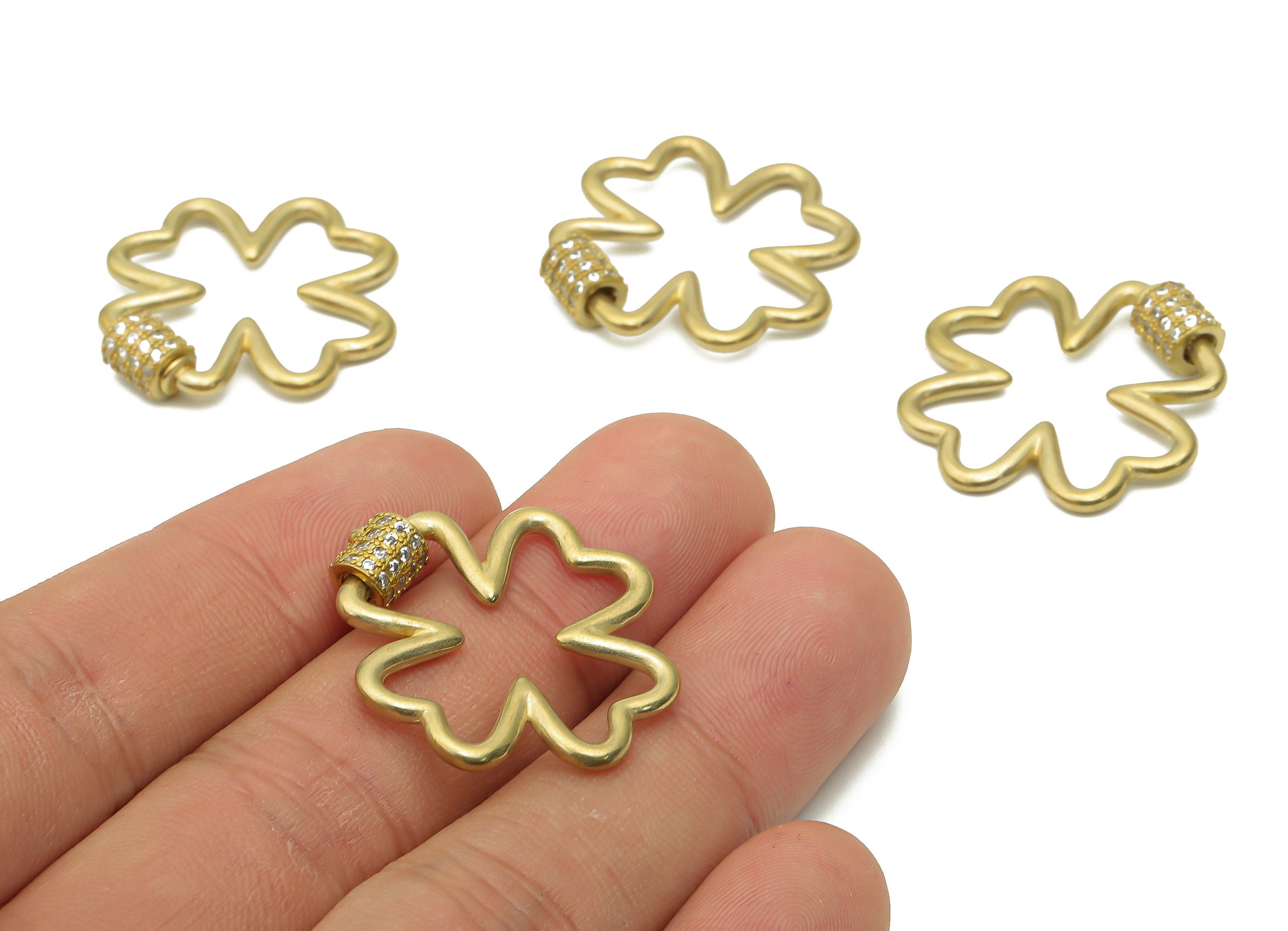 Brass Four Leaf Clover Earring - Raw Brass Flower Hoops - Brass Leaf Pendent With Zircons -27.24x26.02x1.92mm - PP7698 - DOMEDBAZAAR