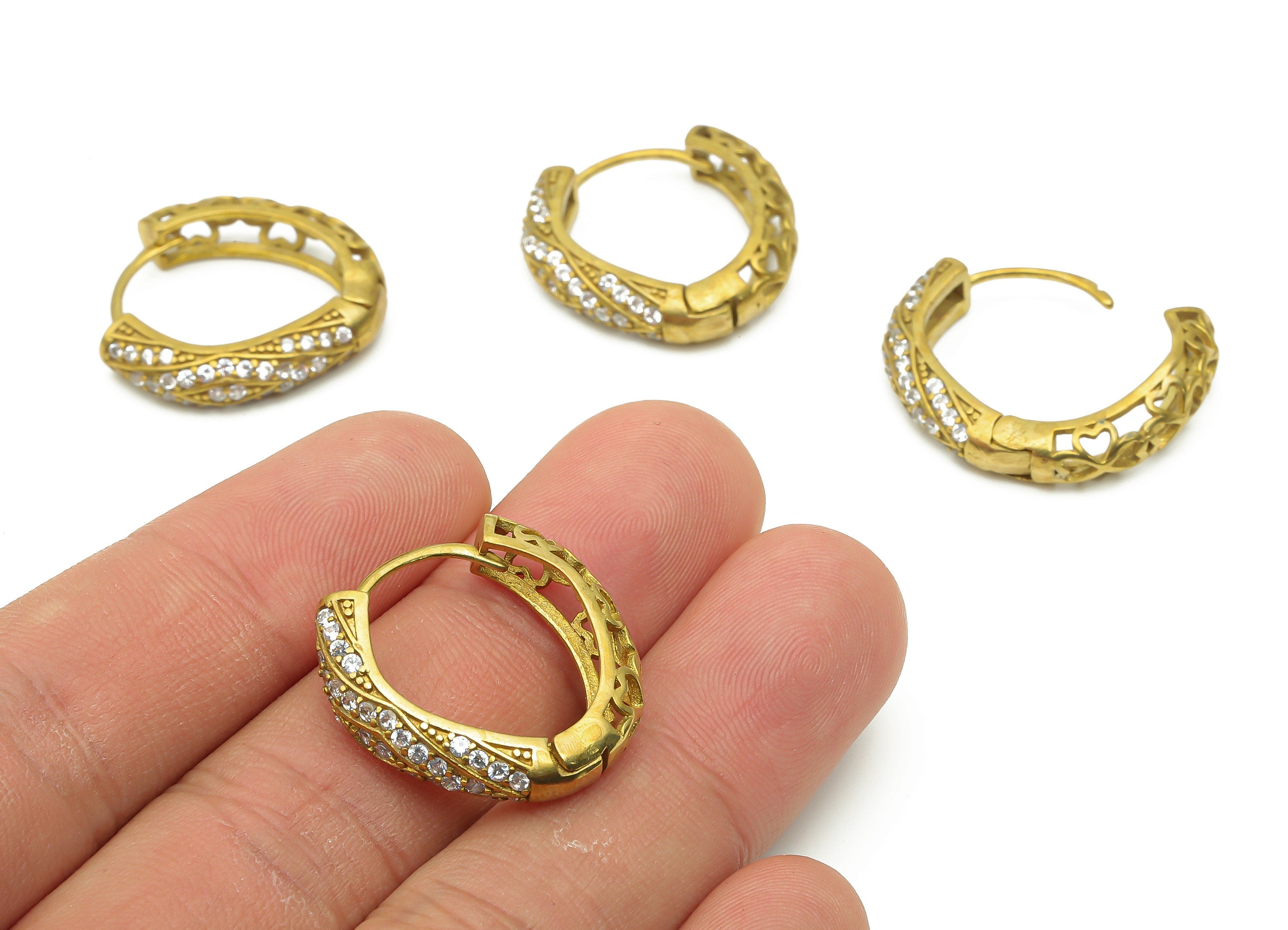 Brass Round Huggie Hoop Earrings with Zircons - Raw Brass Hoop Earrings - Brass Round Huggie Hoop - Brass Hoops - 23.7x22.83x2mm - PP7706 - DOMEDBAZAAR