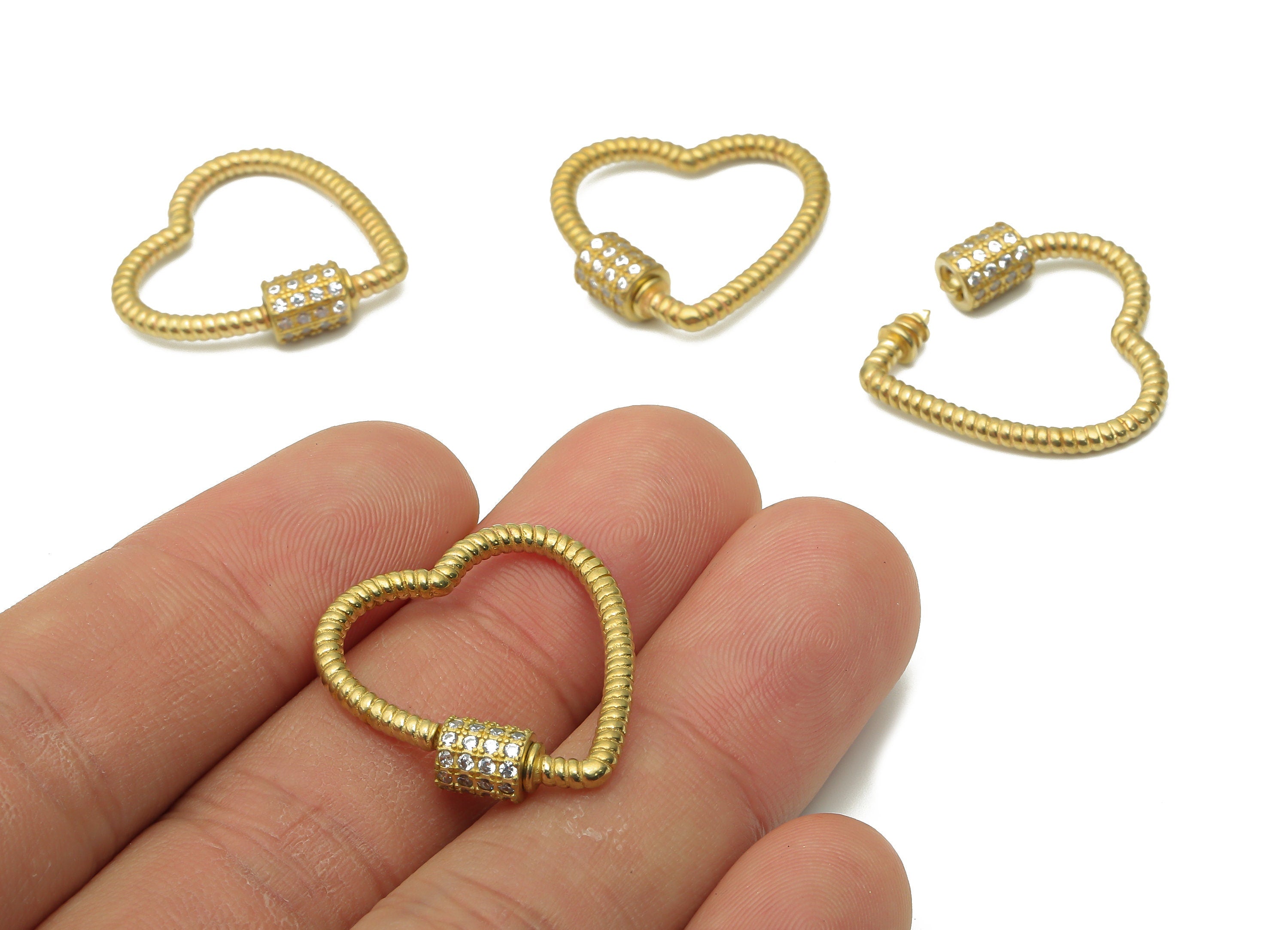 Brass Heart Screw Clasp Earrings With Zircon - Raw Brass Heart Turnbuckle Lock - Brass Heart Carabiner Earrings -23.46x23.35x2.05mm - PP7709 - DOMEDBAZAAR