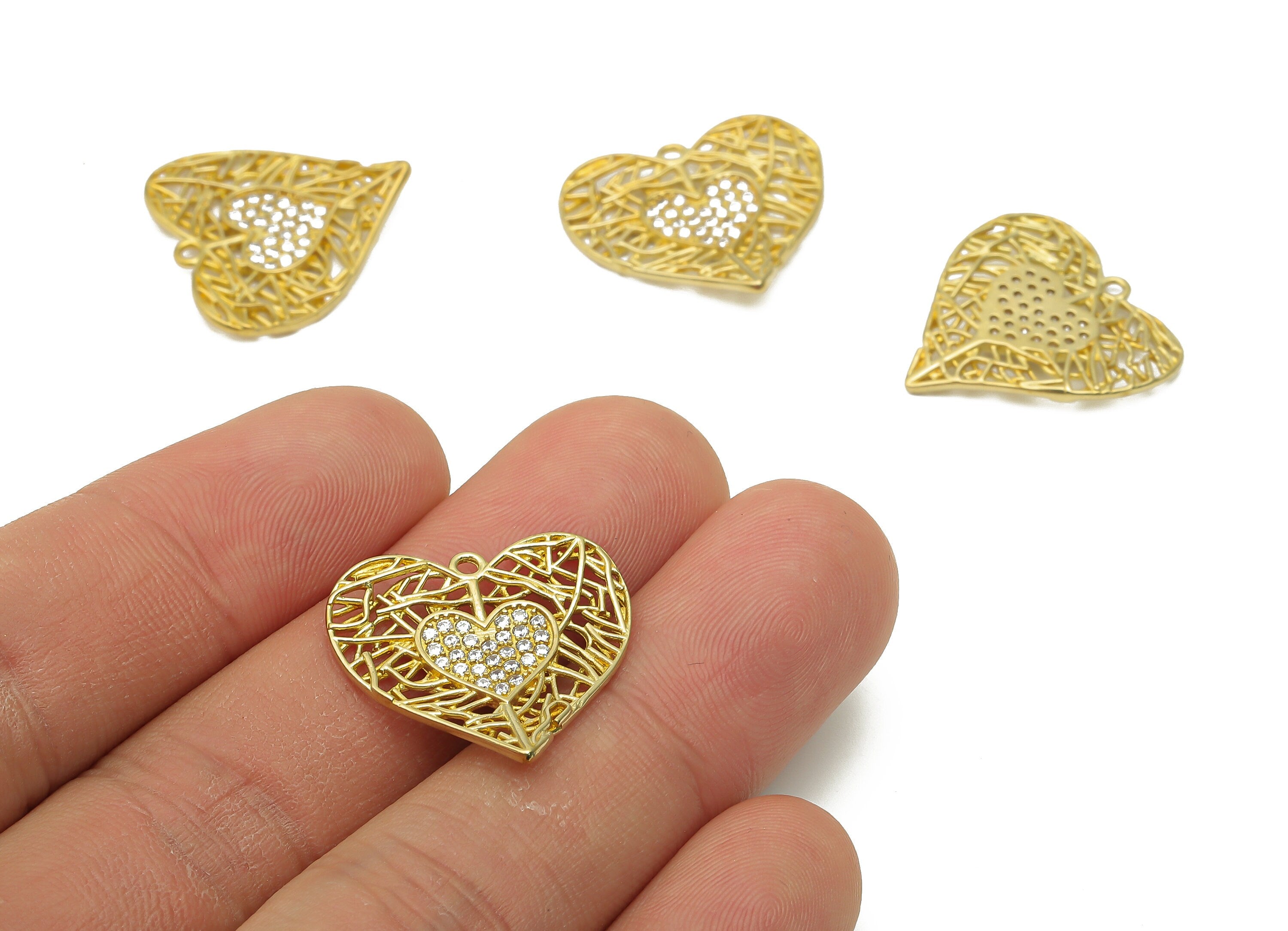 Brass Web Heart Earring With Zircon - Raw Brass Double Heart Charm - Brass Heart Earring Charm - 22.31x21.3x1.82mm - PP7740 - DOMEDBAZAAR