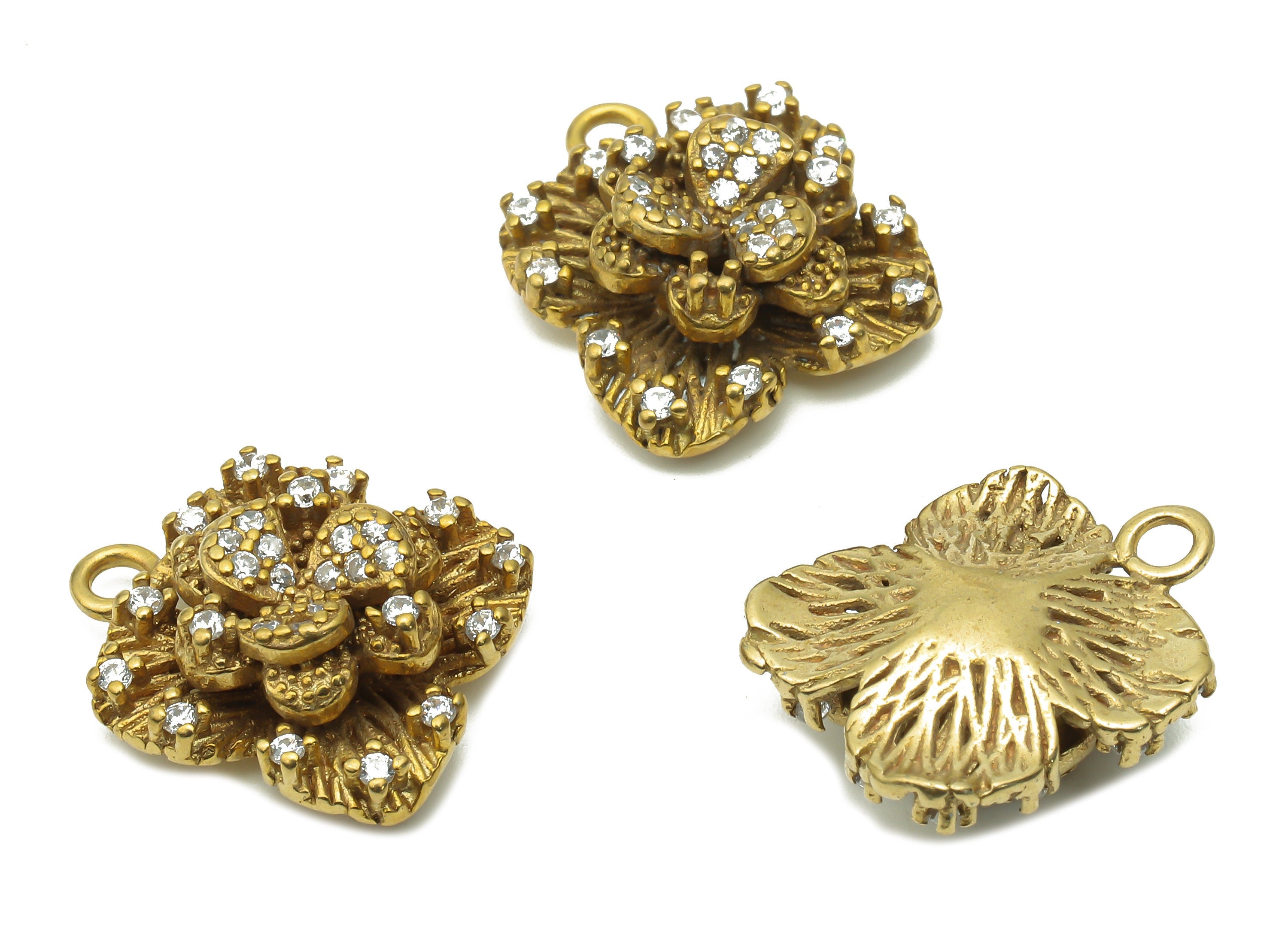 Brass Flower Earrings With Zircon - Raw Brass Lotus Charms - Brass Waterlily Earring Charm - 16.82x13.8x5.47mm - PP7742 - DOMEDBAZAAR