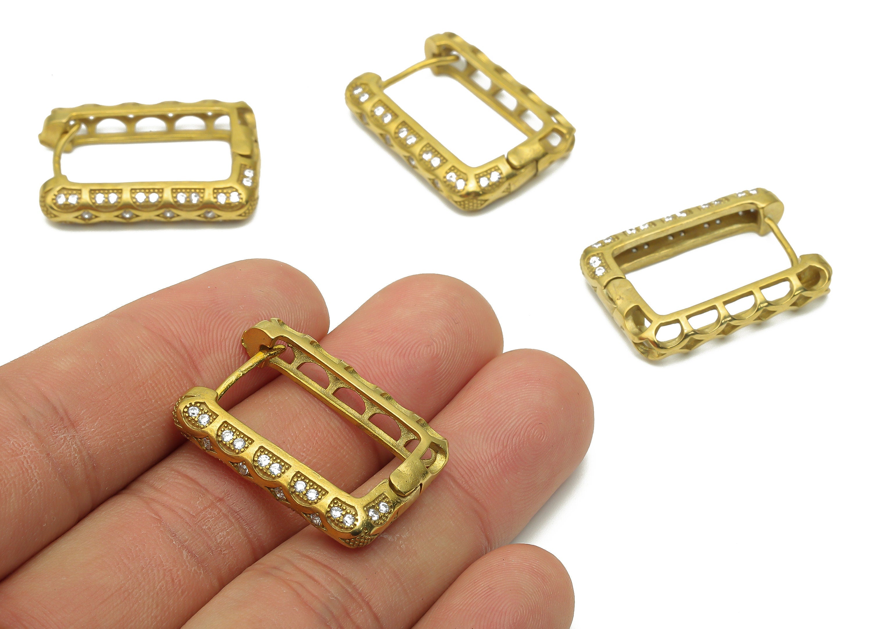 Brass Rectangle Thick Hoops Earrings - Raw Brass Textured Huggie Hoop - Raw Brass Huggie Hoop Earrings - 28.2x20.48x3.49mm - PP7830 - DOMEDBAZAAR