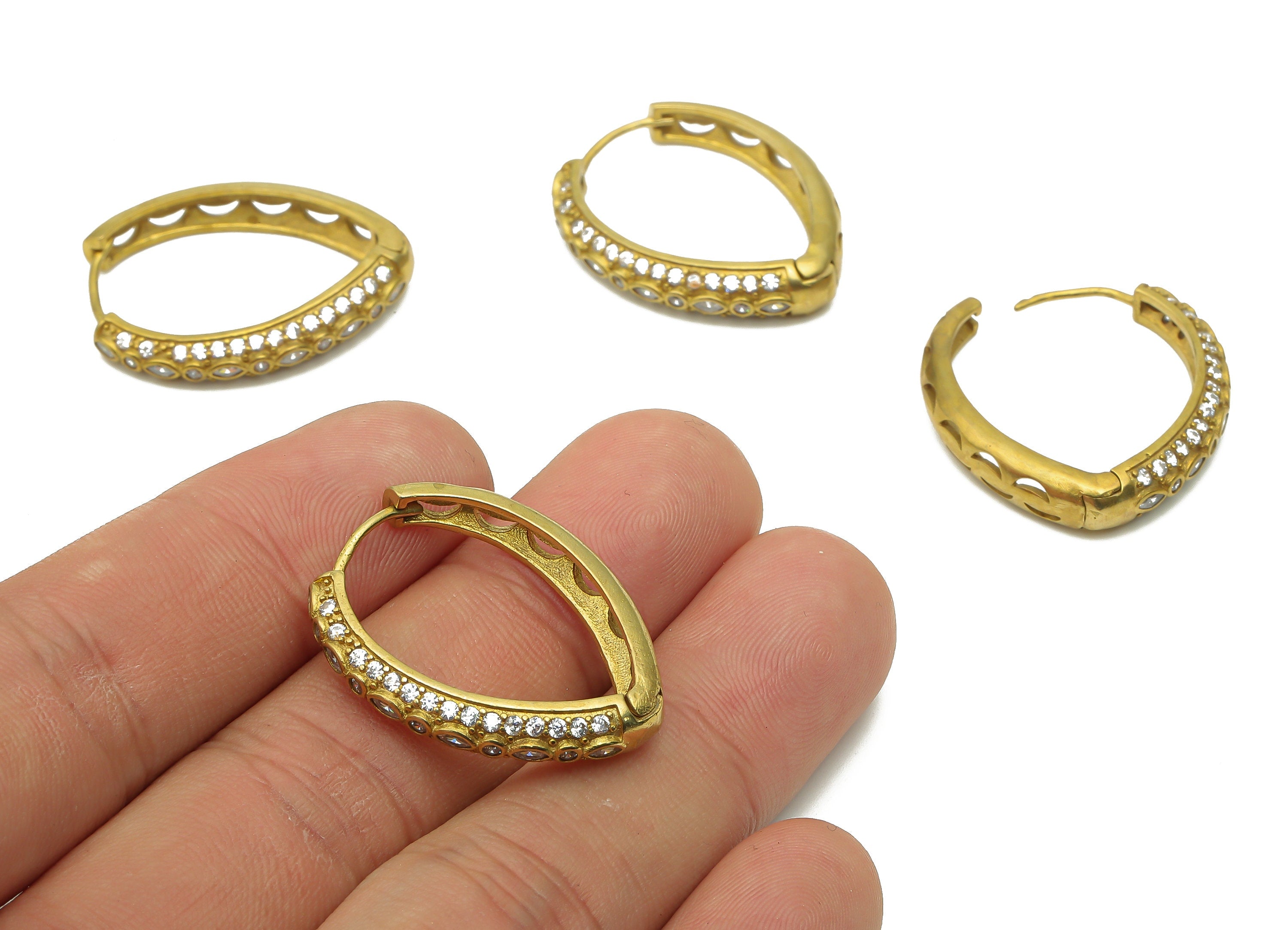 Brass Drop Huggie Hoops Earrings With Zircon - Raw Brass Eyedrop Hoop - Textured Hoop Earring - Raw Brass Hoop - 29.06x23.53x5.18mm - PP7839 - DOMEDBAZAAR