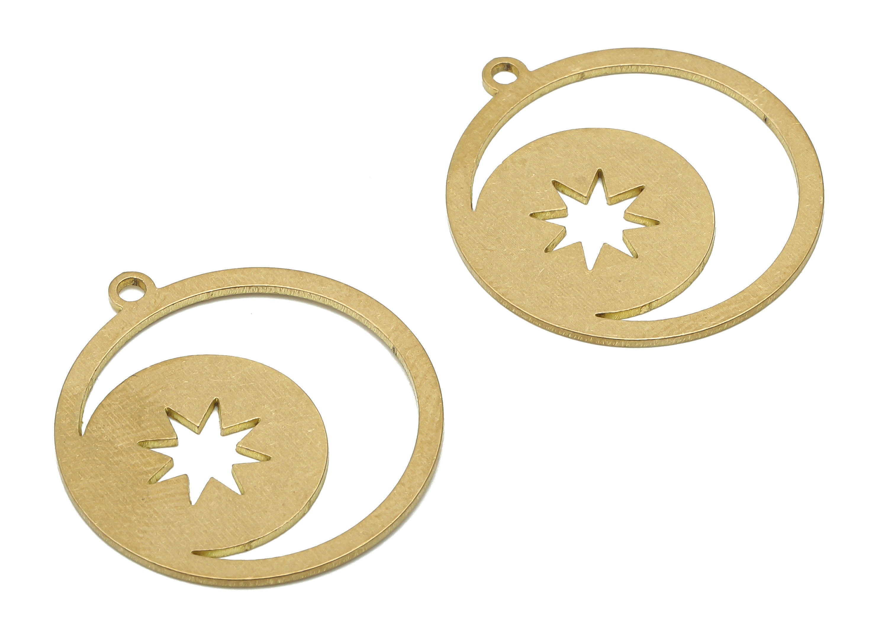 Brass Crescent Moon Earring Charm - Raw Brass Star Pendant - Brass Round Pendant - Raw Brass Moon Star Pendant - 24.78x22.56x0.71mm- PPA4042 - DOMEDBAZAAR