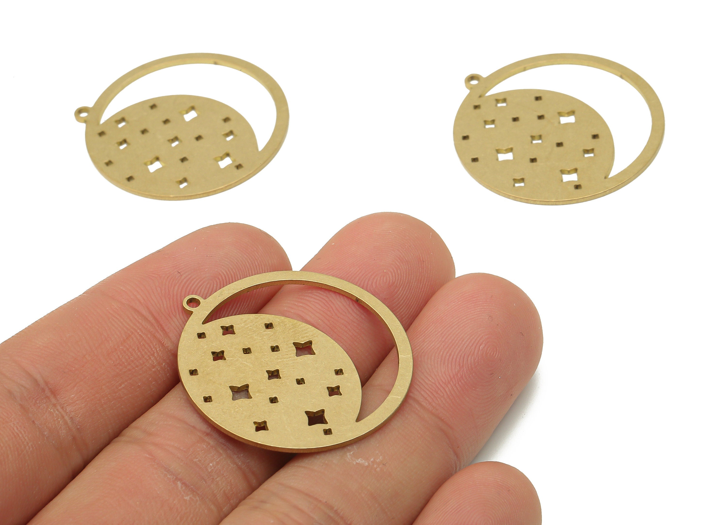 Brass Crescent Moon Earring Charm - Raw Brass Moon Star Pendant - Brass Stars Pendant - Brass Round Pendant - 31.75x29.43x0.9mm - PPA4061 - DOMEDBAZAAR