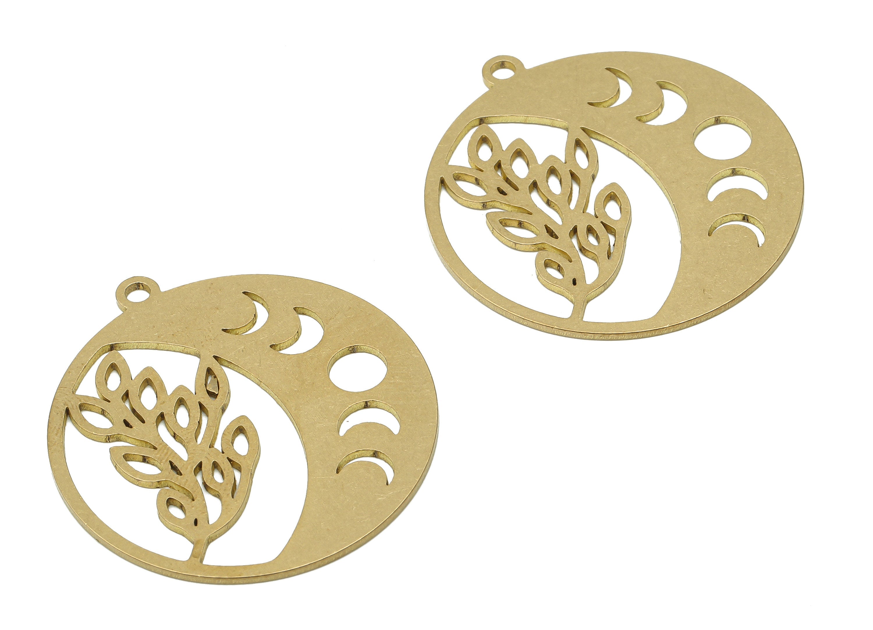 Brass Crescent Moon Branch Earring Charm - Raw Brass Phases of Moon Pendant - Brass Branch Pendant - 35.65x32.8x0.85mm - PPA4073 - DOMEDBAZAAR