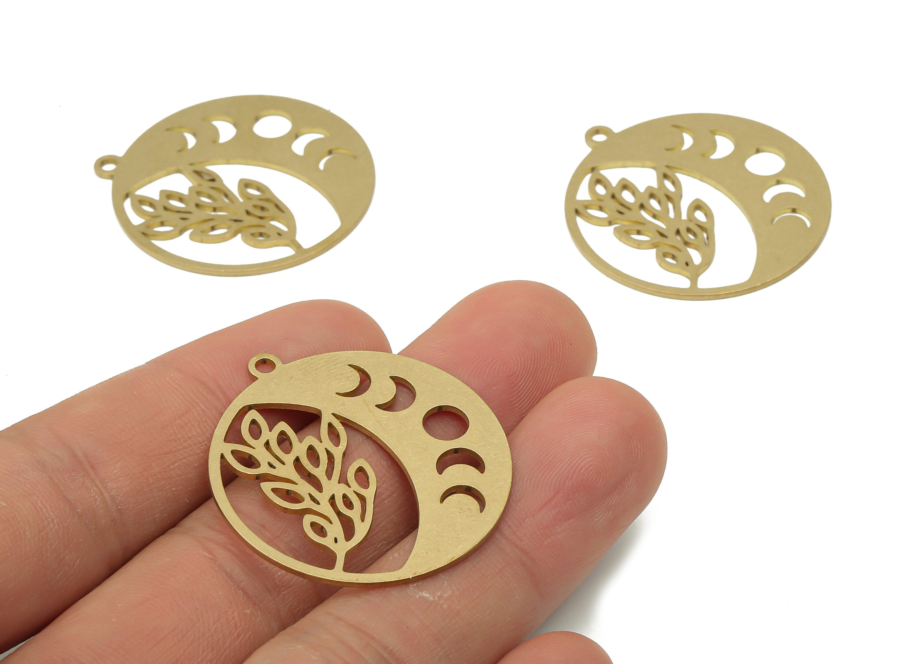 Brass Crescent Moon Branch Earring Charm - Raw Brass Phases of Moon Pendant - Brass Branch Pendant - 35.65x32.8x0.85mm - PPA4073 - DOMEDBAZAAR