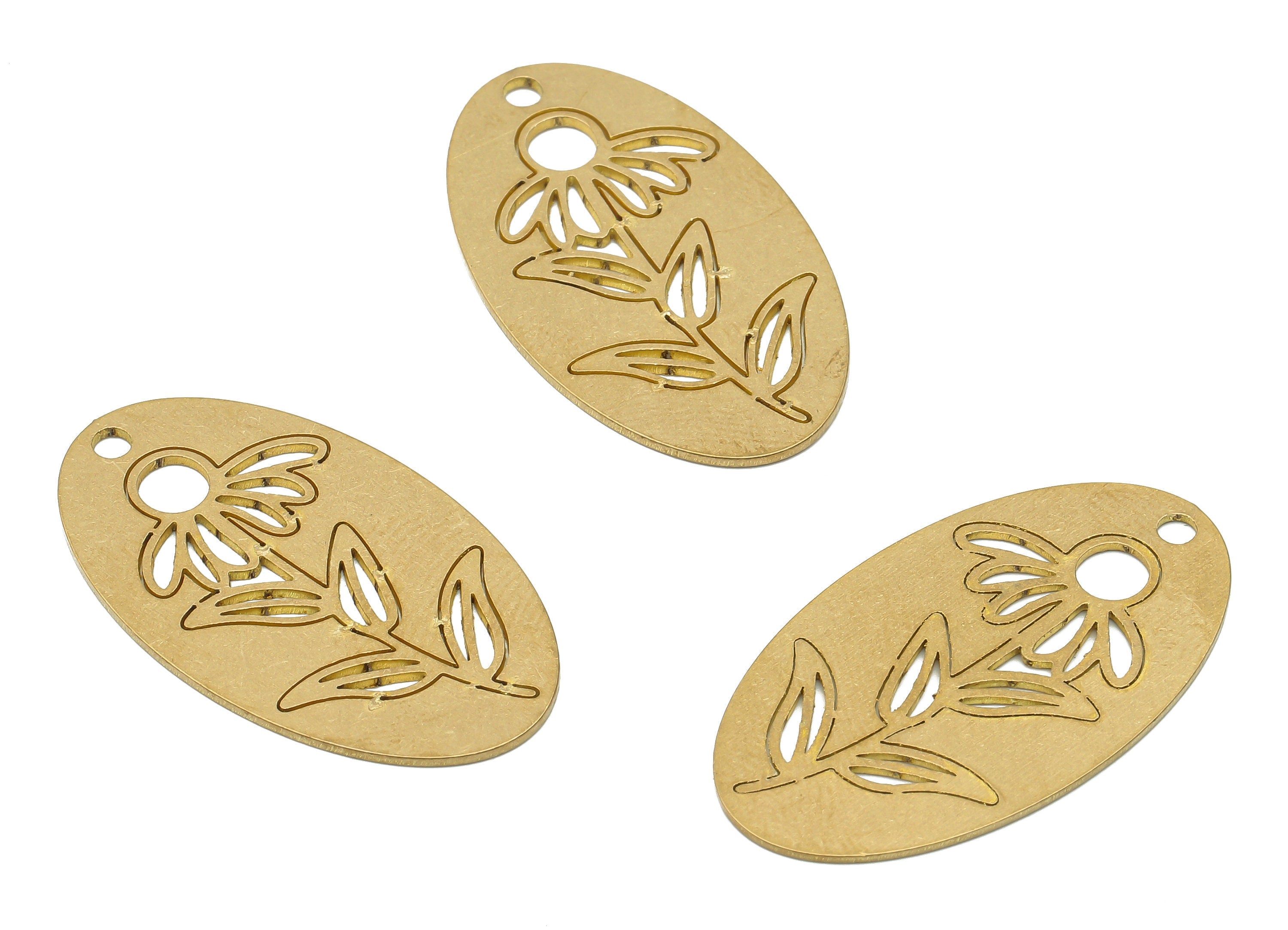 Brass Oval Flower Earring Pendant - Raw Brass Botanical Pendant - Brass Plant Oval Pendant - 32.71x18.57x0.75mm - PPA4097 - DOMEDBAZAAR