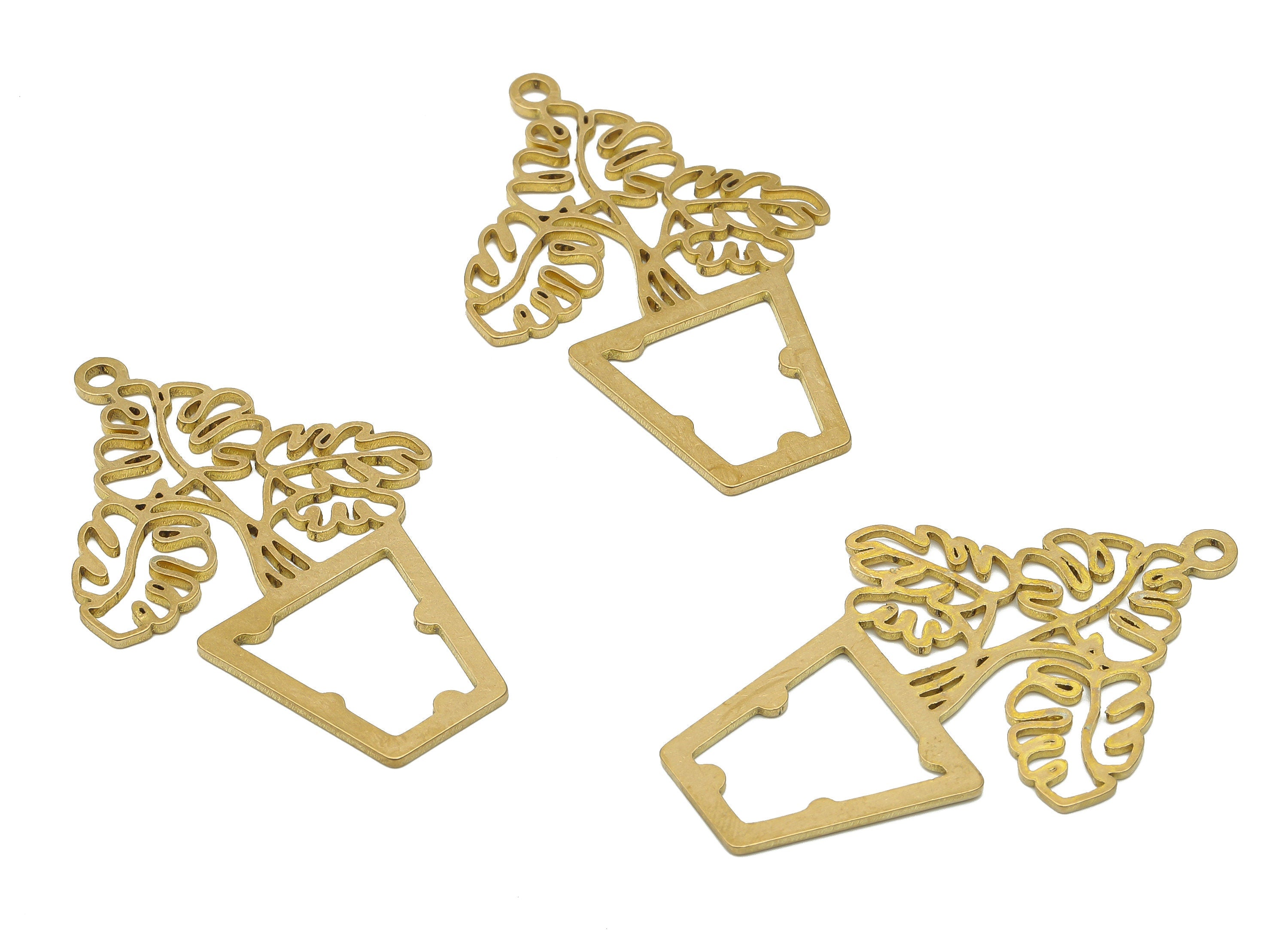 Brass Monstera Earring Pendant -Raw Brass Flower Pot Pendant - Raw Brass Leaves Pendant - 41.81x26.93x0.9mm - PPA4147 - DOMEDBAZAAR