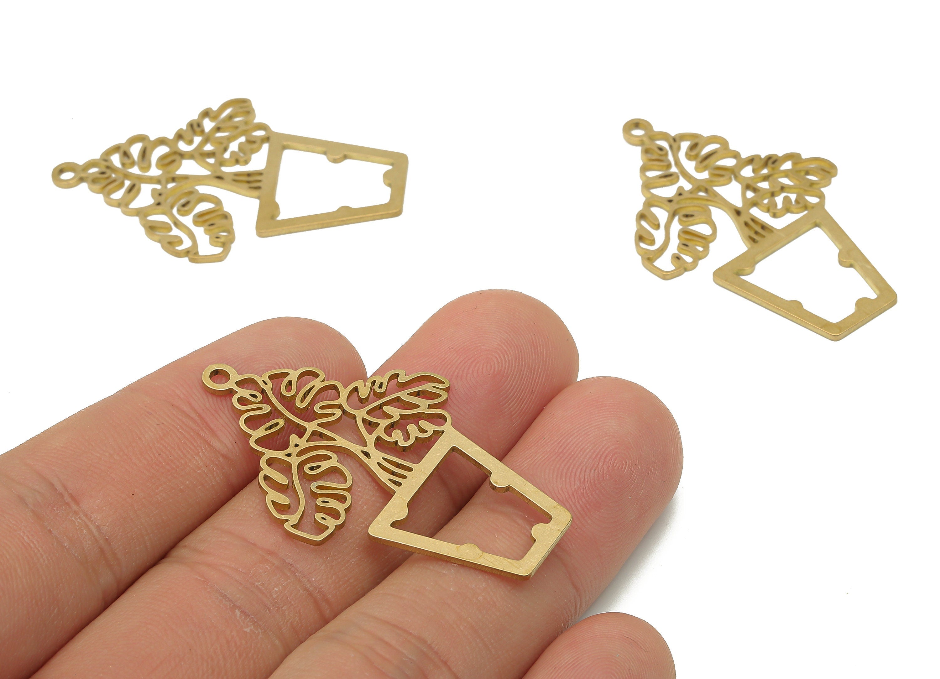 Brass Monstera Earring Pendant -Raw Brass Flower Pot Pendant - Raw Brass Leaves Pendant - 41.81x26.93x0.9mm - PPA4147 - DOMEDBAZAAR