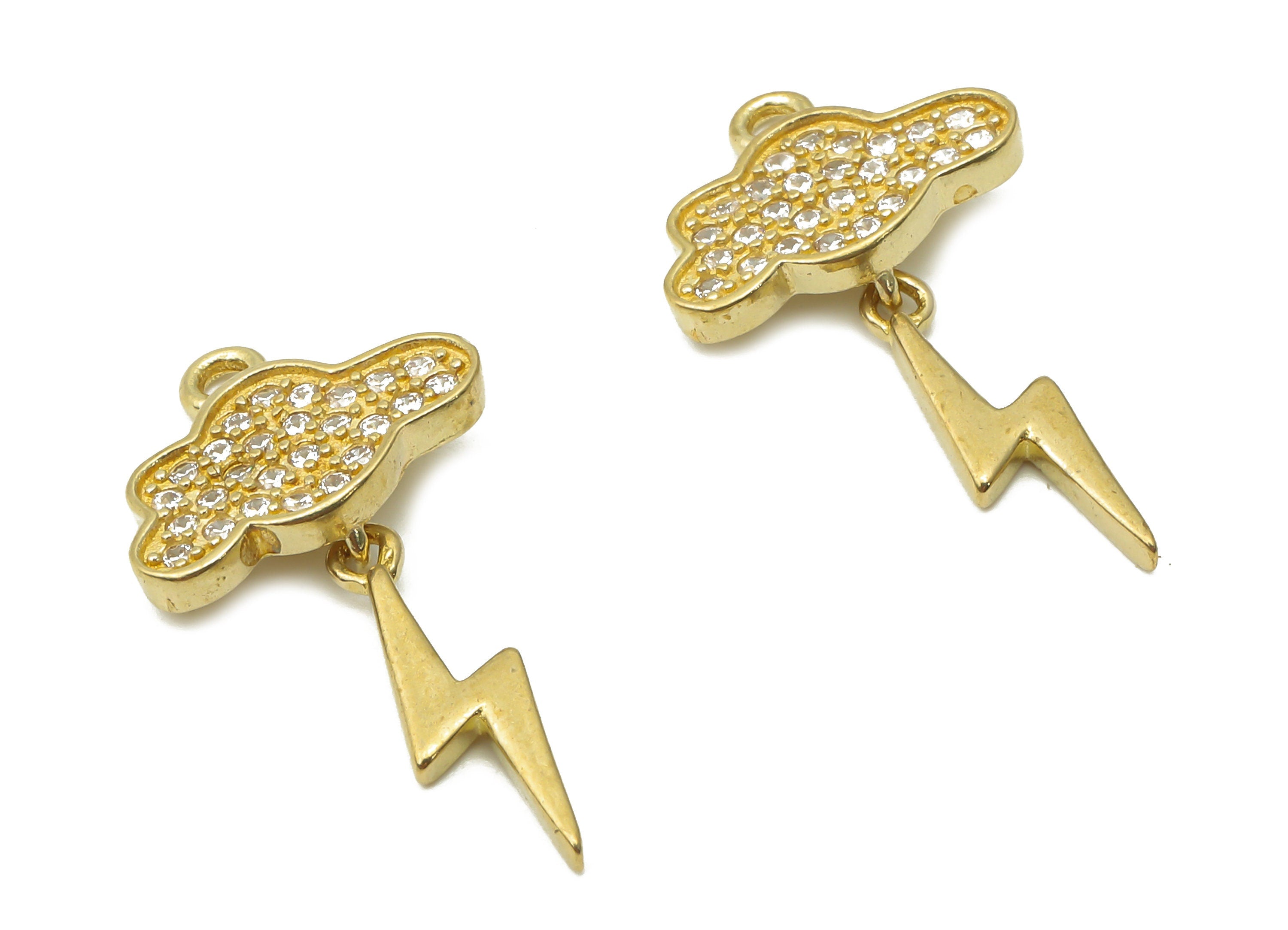 Brass Cloud Lightning Earrings with Zircon - Raw Brass Cloud Pendant - Raw Brass Lightning Pendant with Zircon - 24.56x13.6x1.65mm - PP7626 - DOMEDBAZAAR