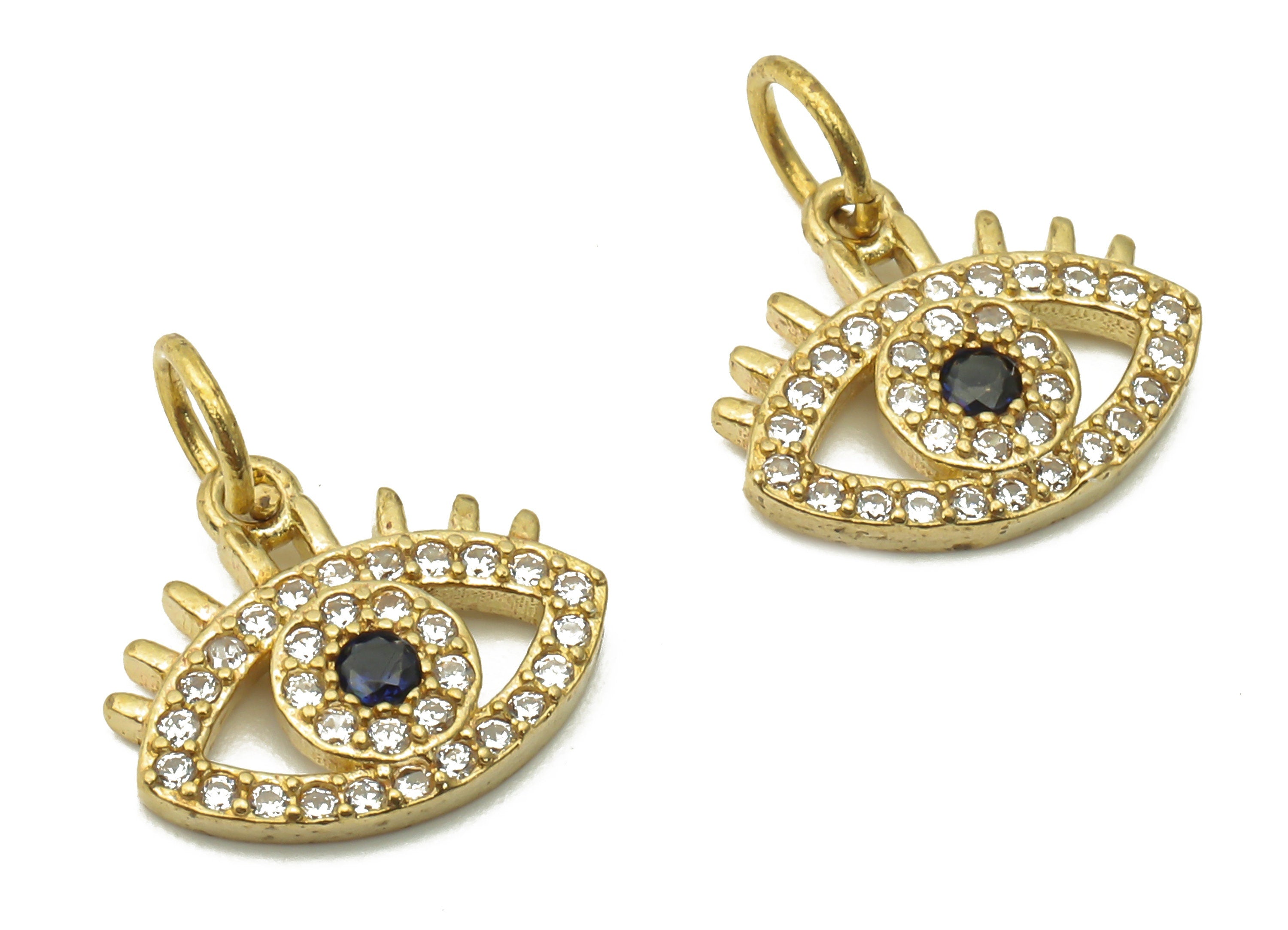 Brass Eyelash Earring Charms - Raw Brass Eye Pendant with Black Zircon - Brass Round Eye Earrings - 13.66 x 12.11 x 1.56mm - PP7631 - DOMEDBAZAAR
