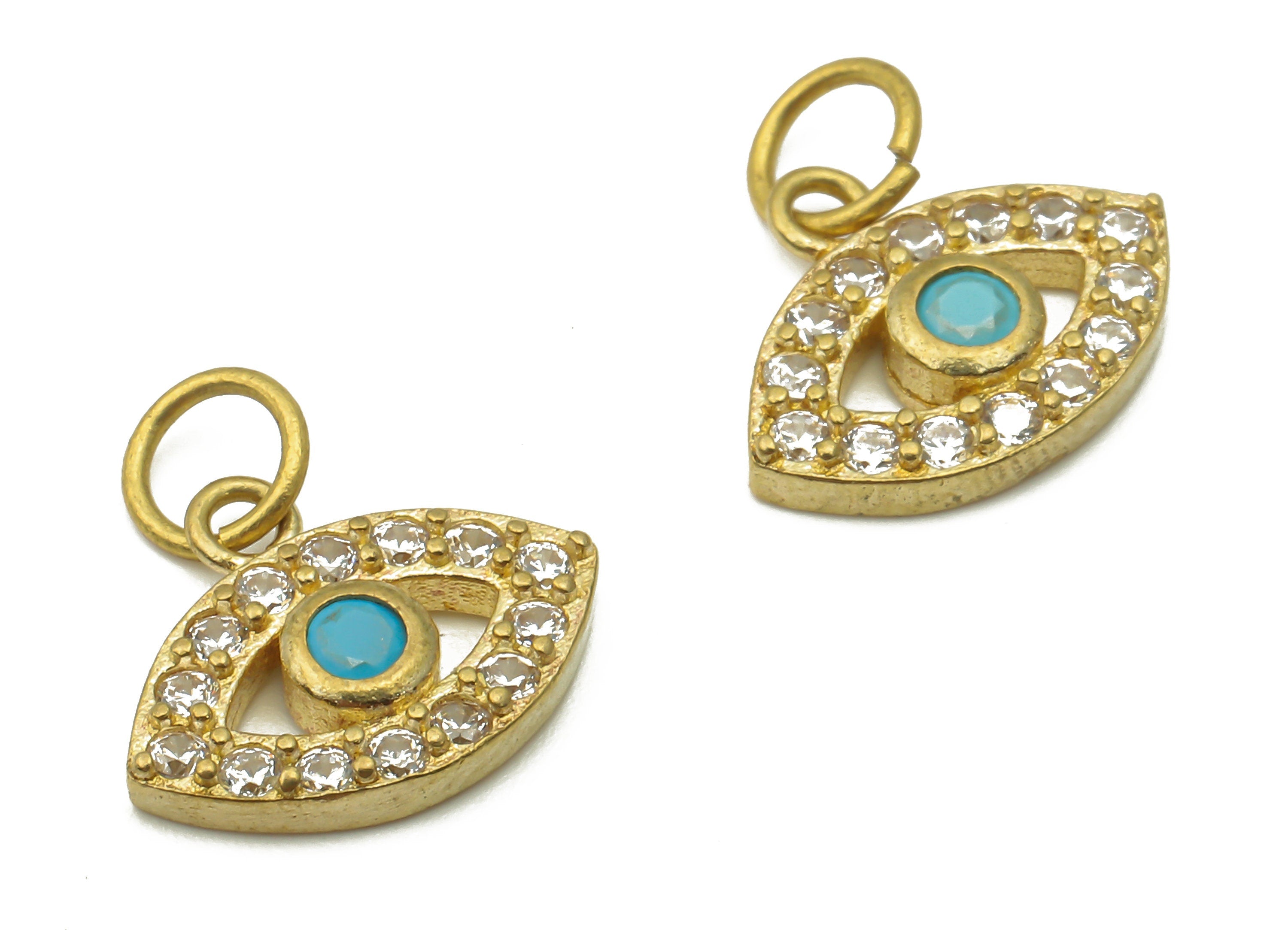 Brass Eye Earring Charms - Raw Brass Mini Eye Pendant with Zircon - Brass Round Earrings - Brass Braceler Charm - 12.65x10.2x2.91mm - PP7633 - DOMEDBAZAAR