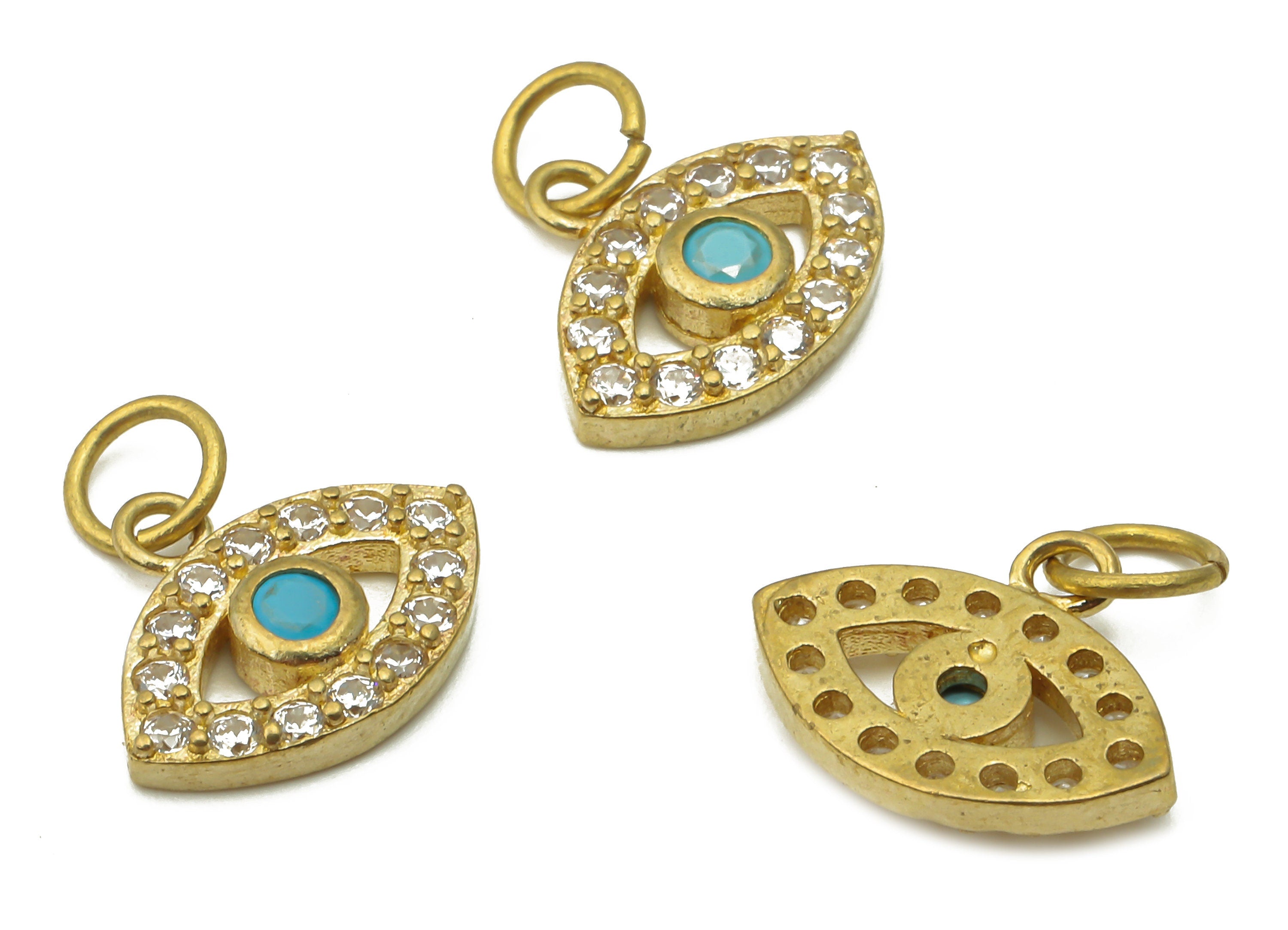 Brass Eye Earring Charms - Raw Brass Mini Eye Pendant with Zircon - Brass Round Earrings - Brass Braceler Charm - 12.65x10.2x2.91mm - PP7633 - DOMEDBAZAAR