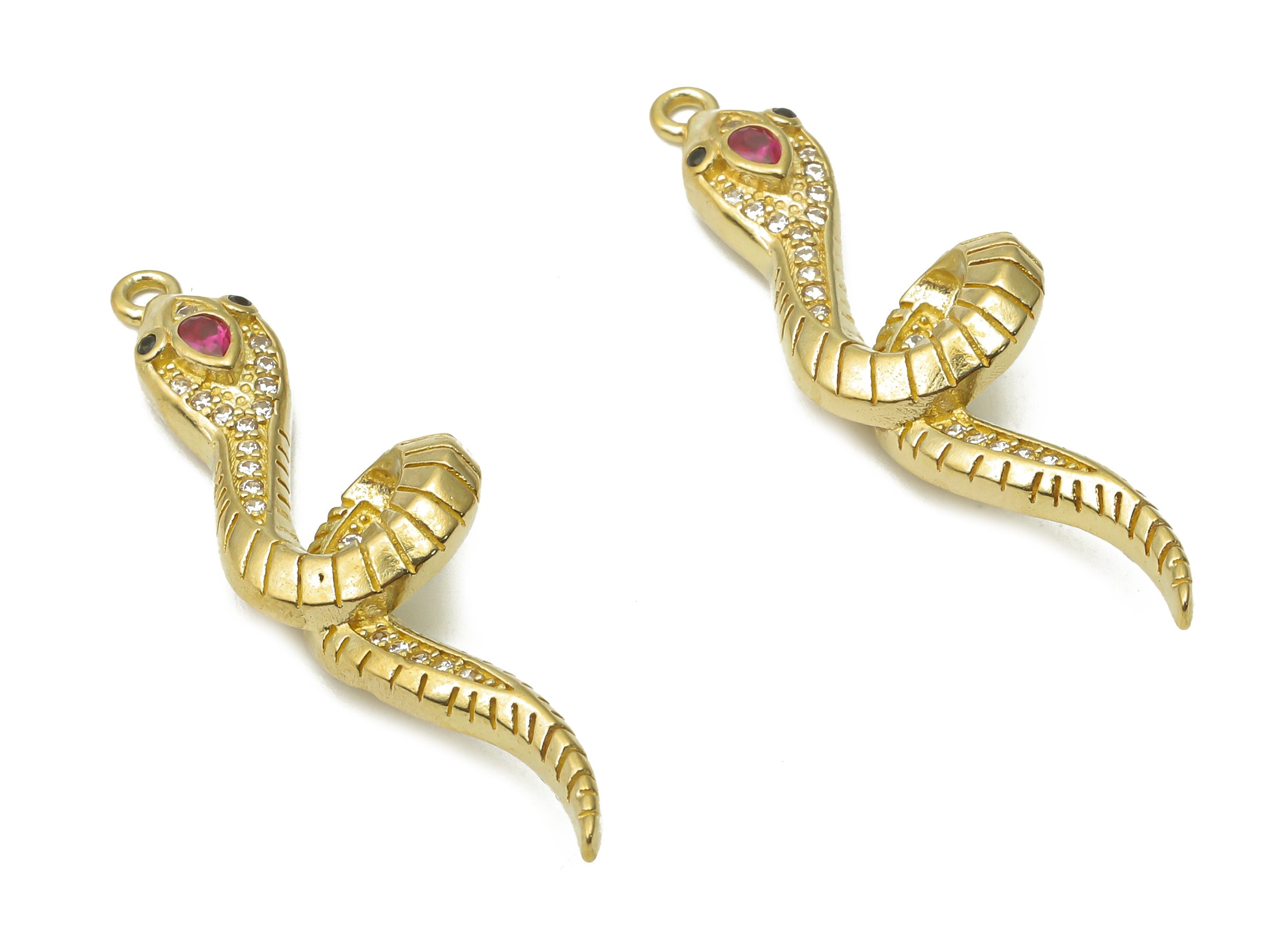 Brass Snake Pendant - Raw Brass Snake Textured Necklace with Zircons - Raw Brass Snake Charm with Pink Zircon - 39.2x11.08x2.04mm - PP7650 - DOMEDBAZAAR