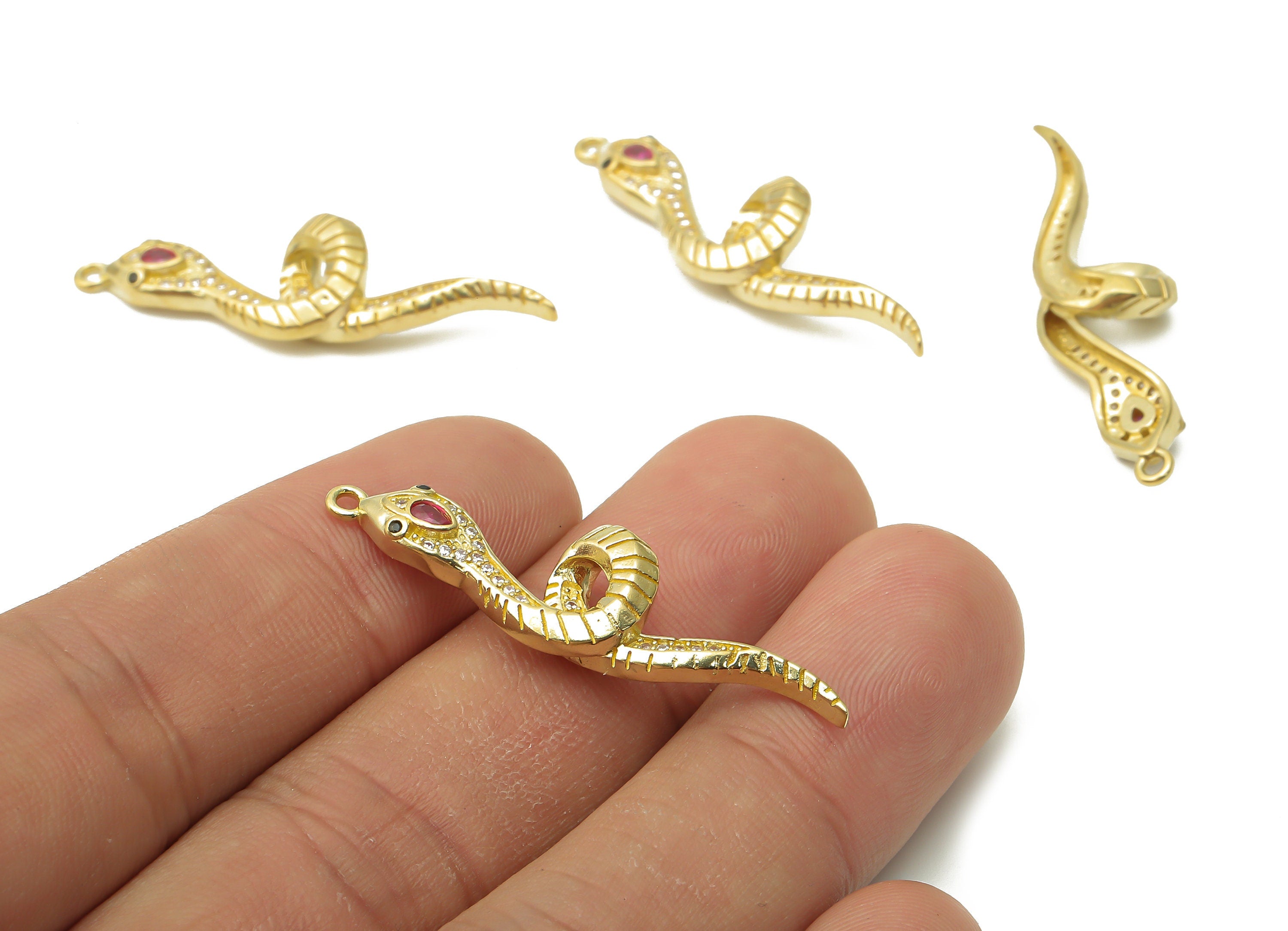 Brass Snake Pendant - Raw Brass Snake Textured Necklace with Zircons - Raw Brass Snake Charm with Pink Zircon - 39.2x11.08x2.04mm - PP7650 - DOMEDBAZAAR