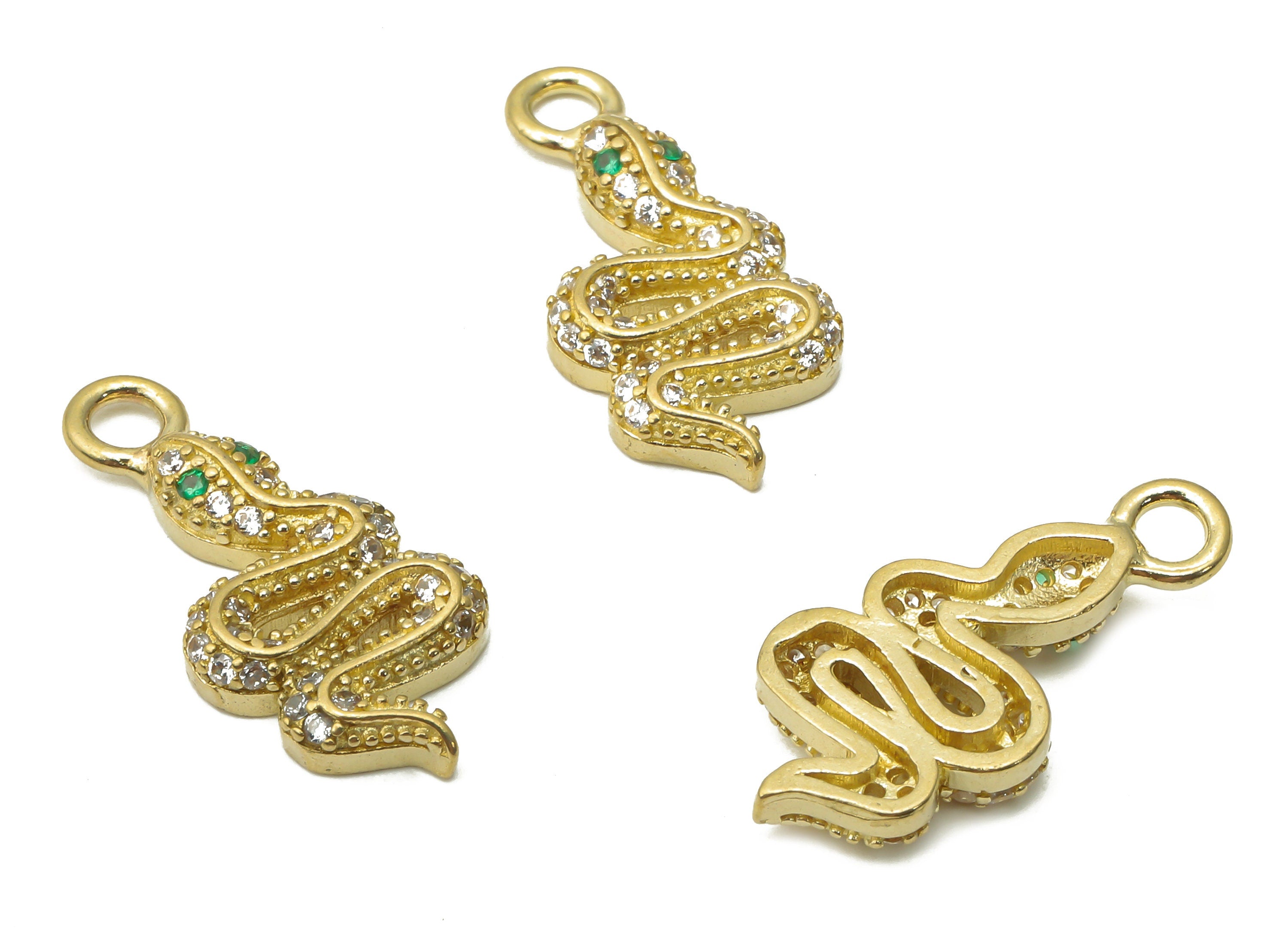 Brass Snake Charms - Raw Brass Dot Snake Pendant with Zircons - Snake With Green Eyes Necklace - Earring Charm -  21.9x10x3.16mm - PP7654 - DOMEDBAZAAR