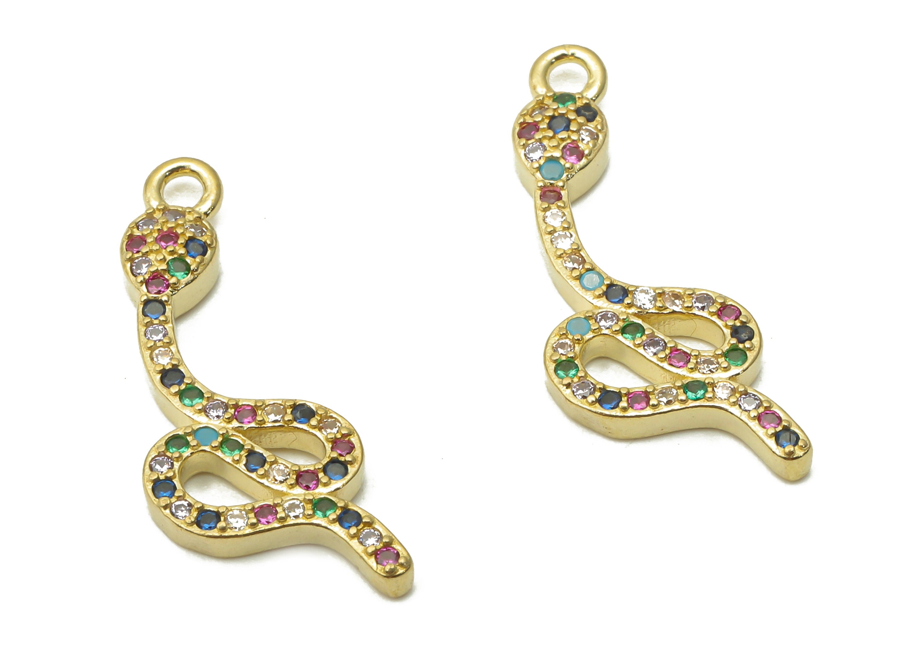 Brass Snake Earring Charm - Raw Brass Rainbow Snake Pendant with Zircons - Brass Snake Necklace - Snake Earring - 22.19x8.82x2.36mm - PP7662 - DOMEDBAZAAR