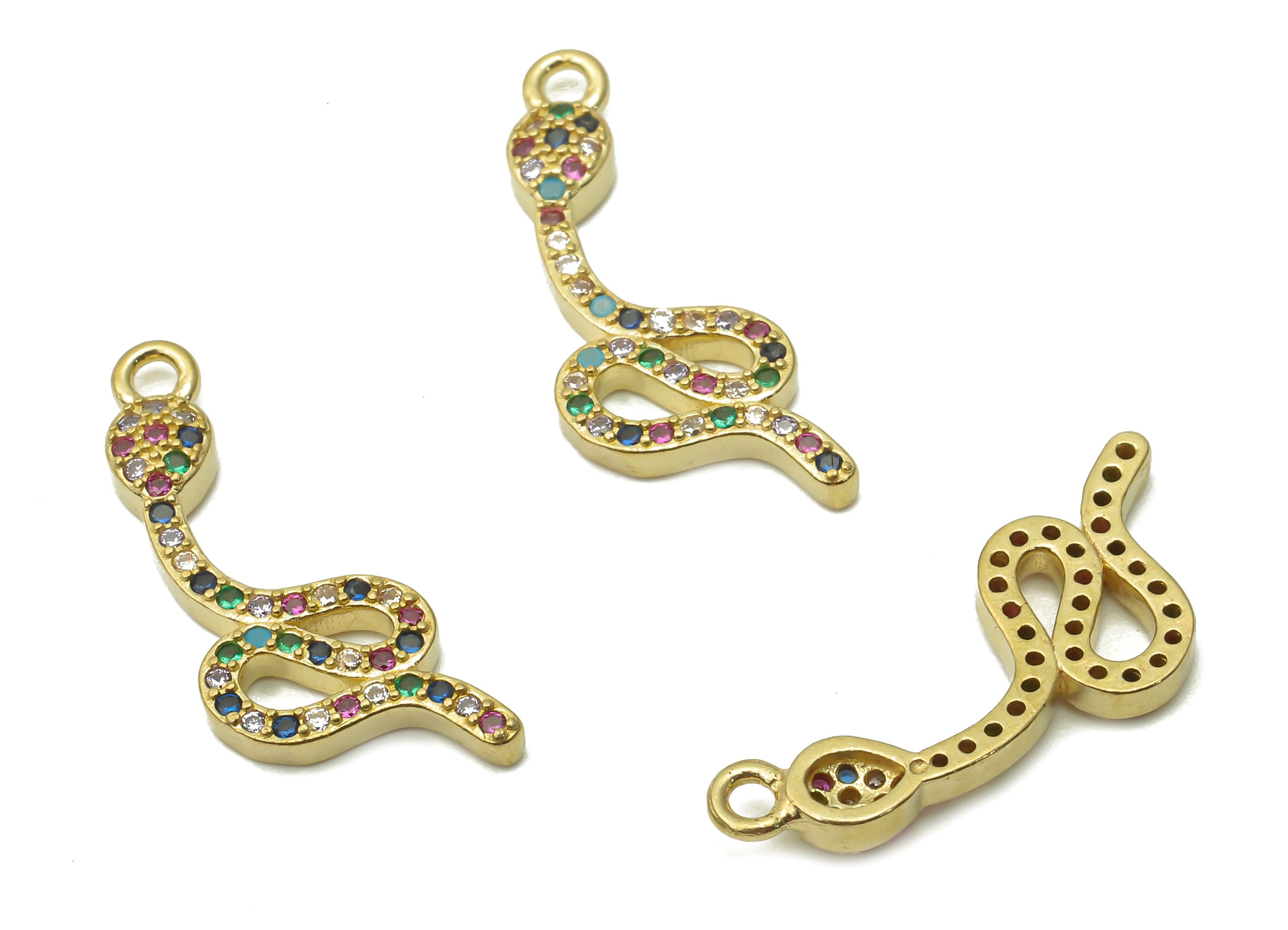 Brass Snake Earring Charm - Raw Brass Rainbow Snake Pendant with Zircons - Brass Snake Necklace - Snake Earring - 22.19x8.82x2.36mm - PP7662 - DOMEDBAZAAR