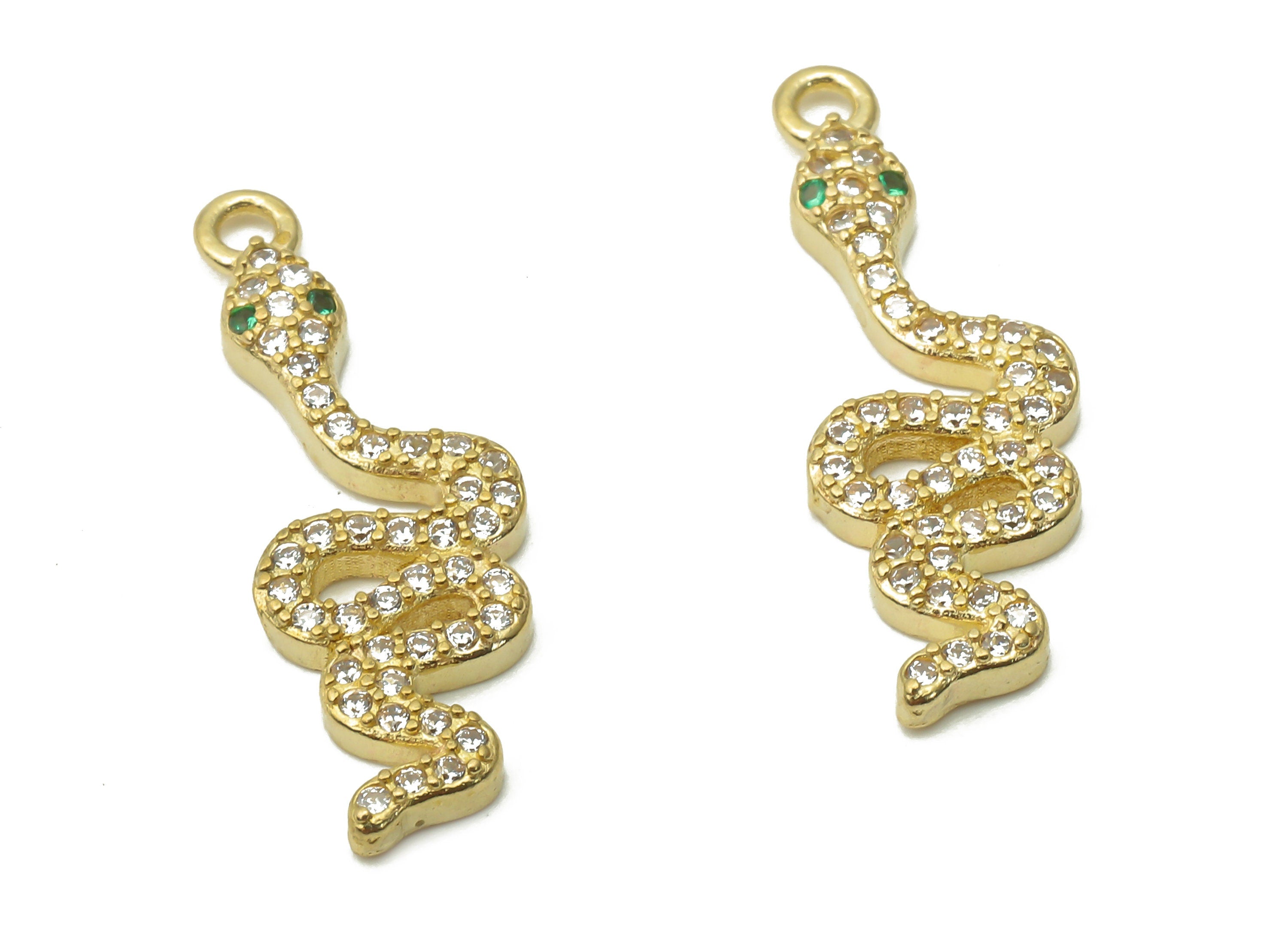 Brass Snake Earring Charm - Raw Brass Snake Pendant with Zircons - Raw Brass Snake Necklace With Green Eye - 23.28x8.02x2.14mm - PP7663 - DOMEDBAZAAR