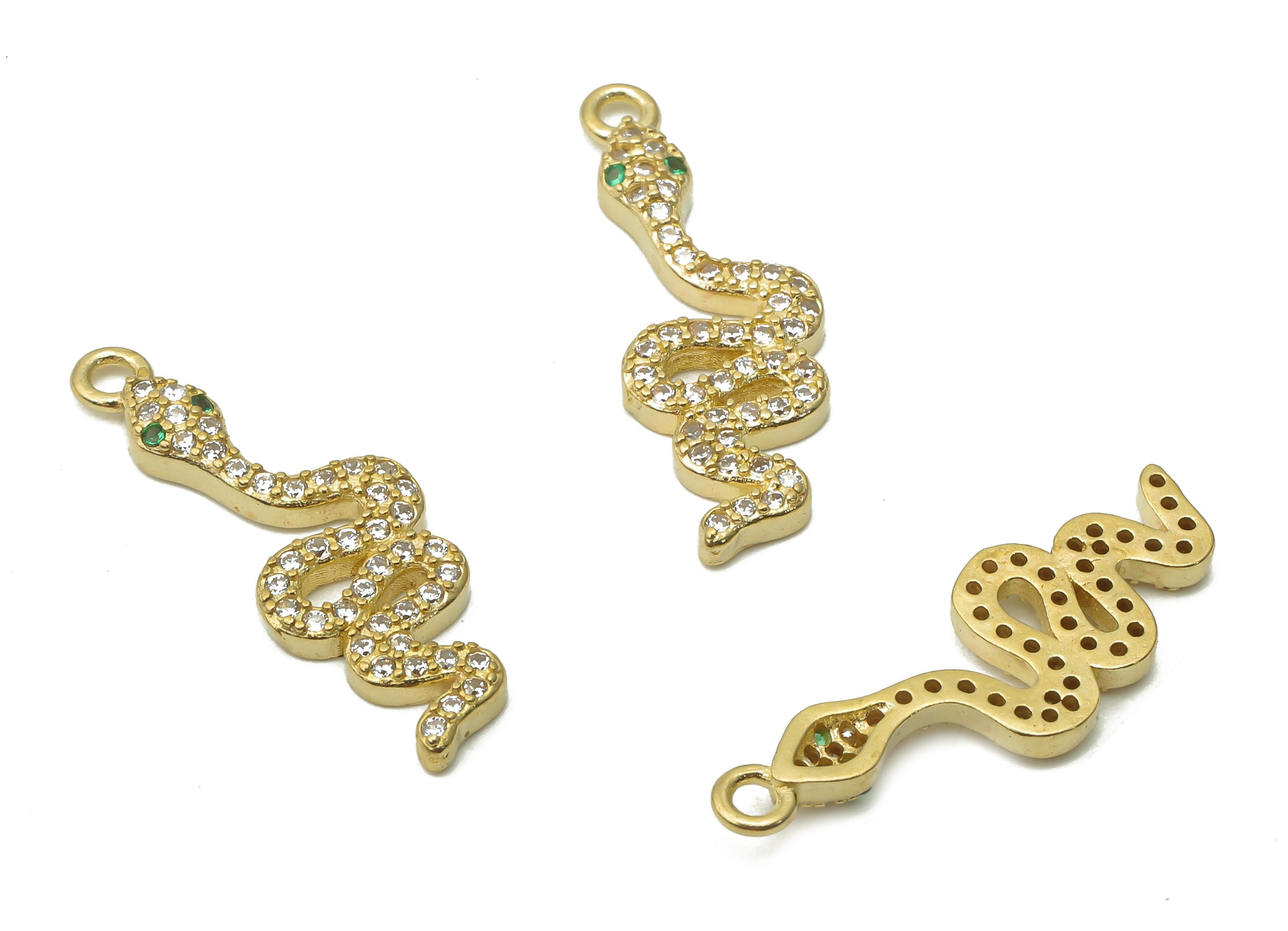 Brass Snake Earring Charm - Raw Brass Snake Pendant with Zircons - Raw Brass Snake Necklace With Green Eye - 23.28x8.02x2.14mm - PP7663 - DOMEDBAZAAR