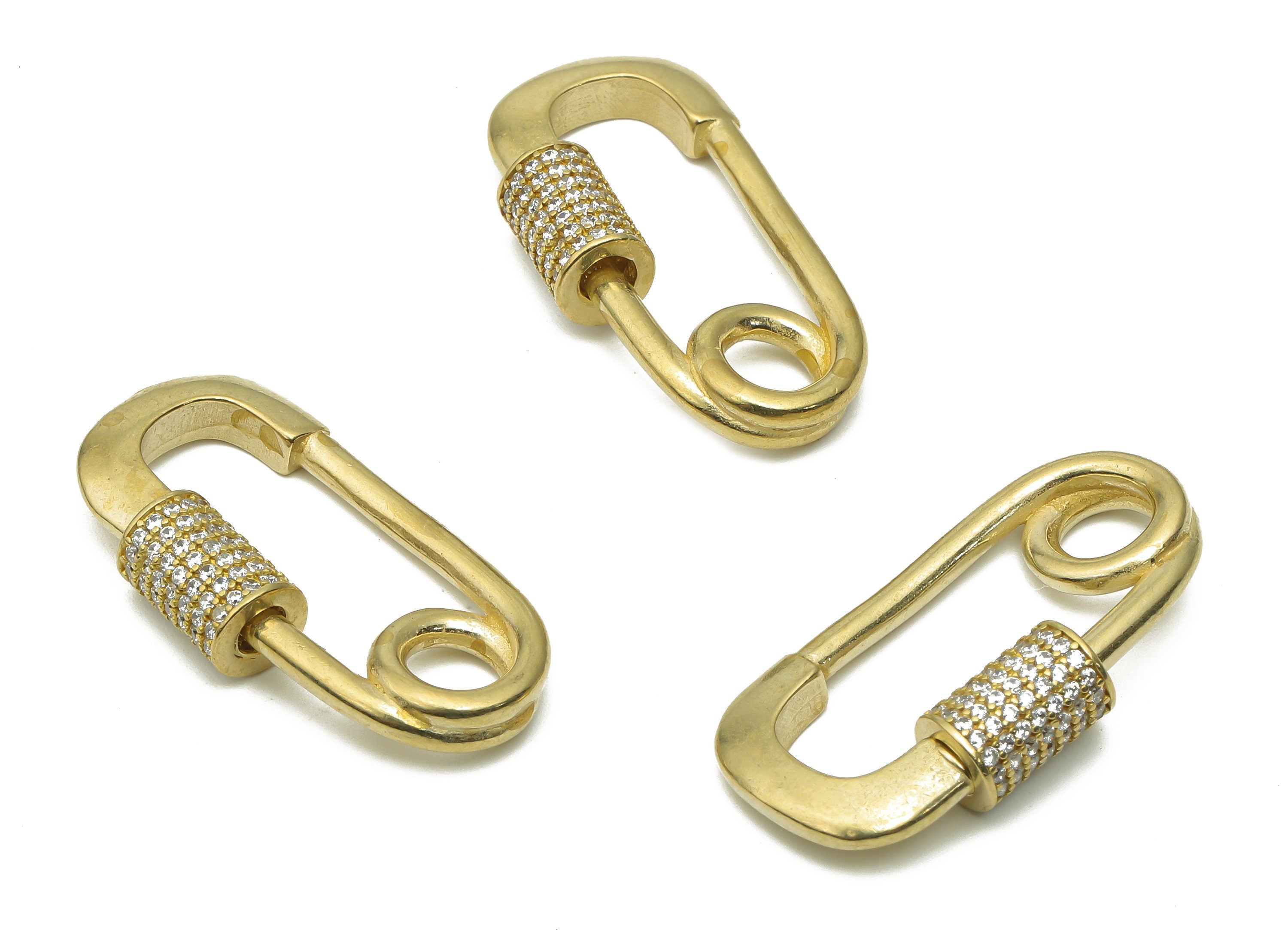 Safety Pin Charm - Brass Screw Clasp Pin Earrings with Zircon - Raw Brass Turnbuckle Lock Pin Pendant - Carabiner - 29.3x15.9x3.1mm - PP7715 - DOMEDBAZAAR