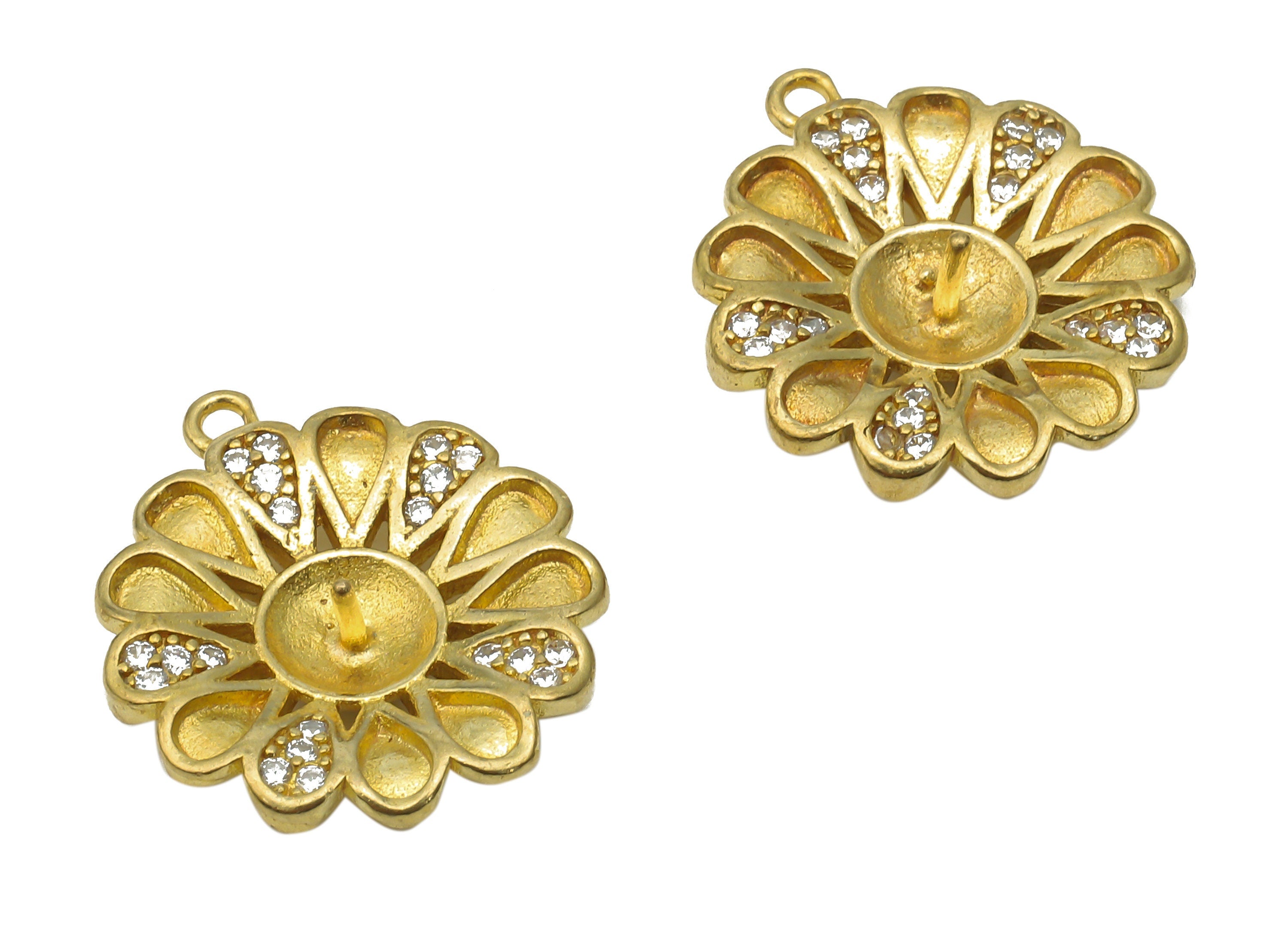 Brass Flower Earrings Charm With Zircon - Raw Brass Flower Charms - Brass For Pearl Earring- 18.64x16.7x1.63mm - PP7745 - DOMEDBAZAAR